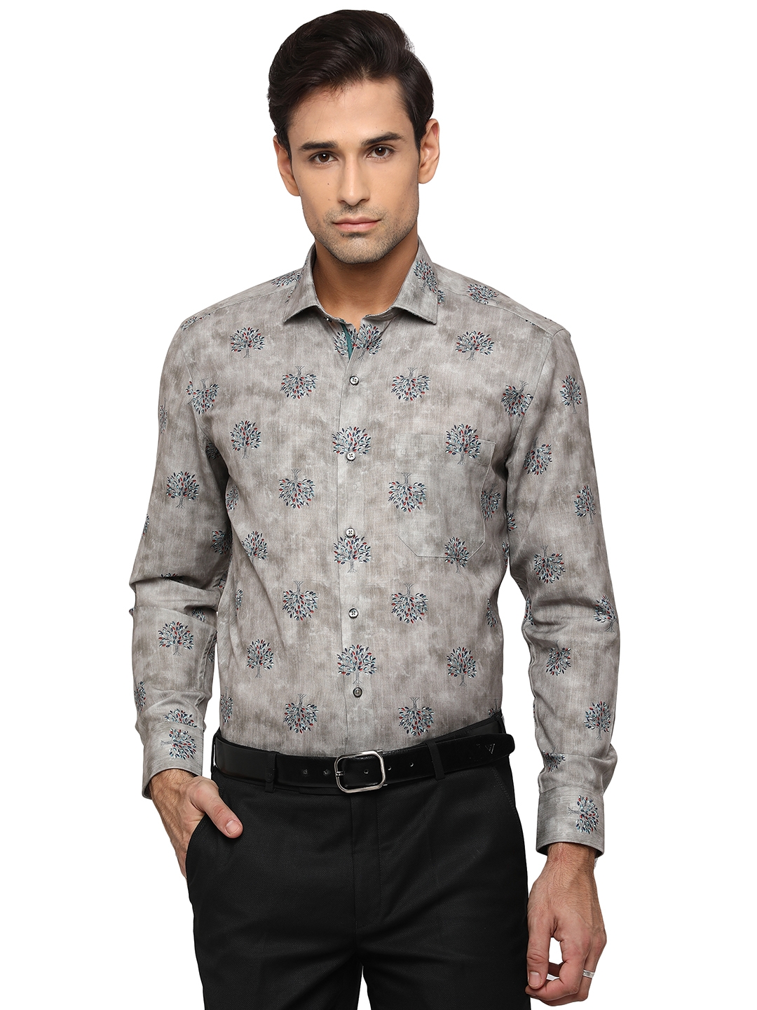 Grey Printed Slim Fit Party Wear Shirt | Greenfibre