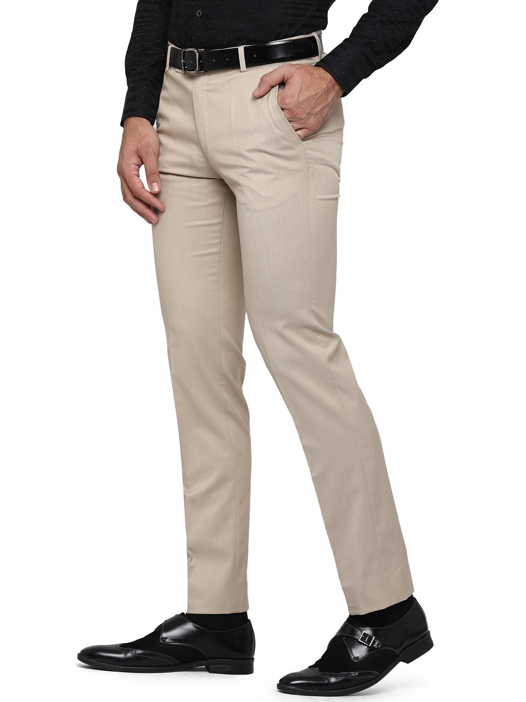 Beige Solid Slim Fit Formal Trouser | Greenfibre