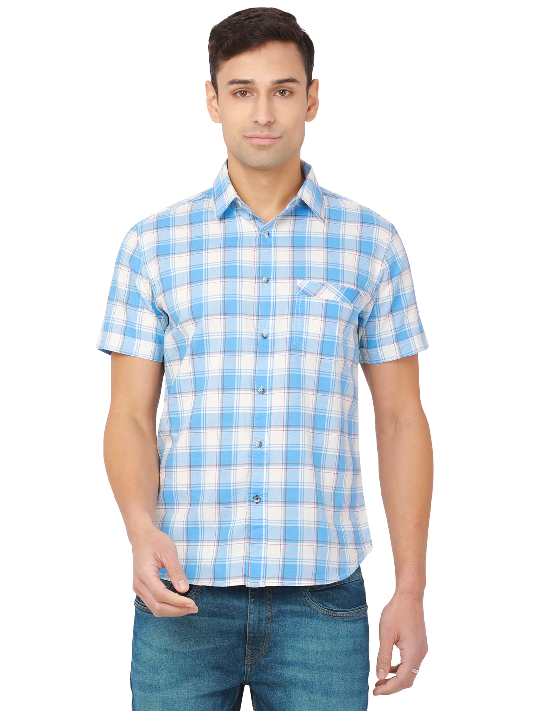 Greenfibre | White & Azure Blue Checked Slim Fit Semi Casual Shirt | Greenfibre