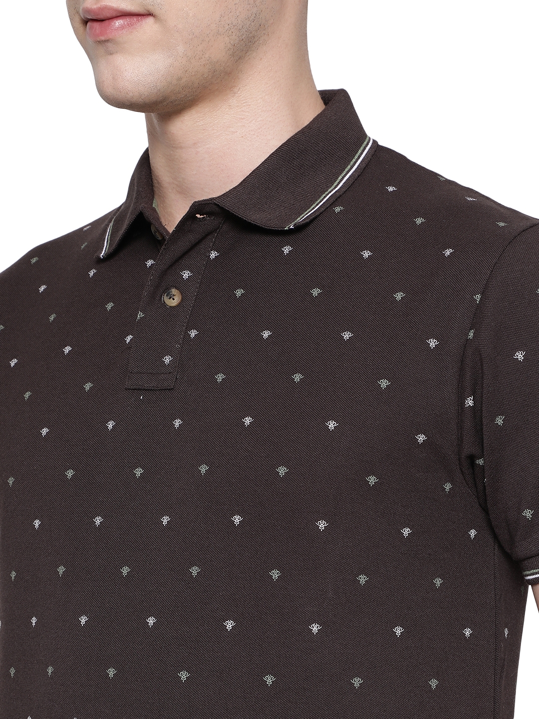 Coffee Brown Printed Slim Fit Polo T-Shirt | Greenfibre