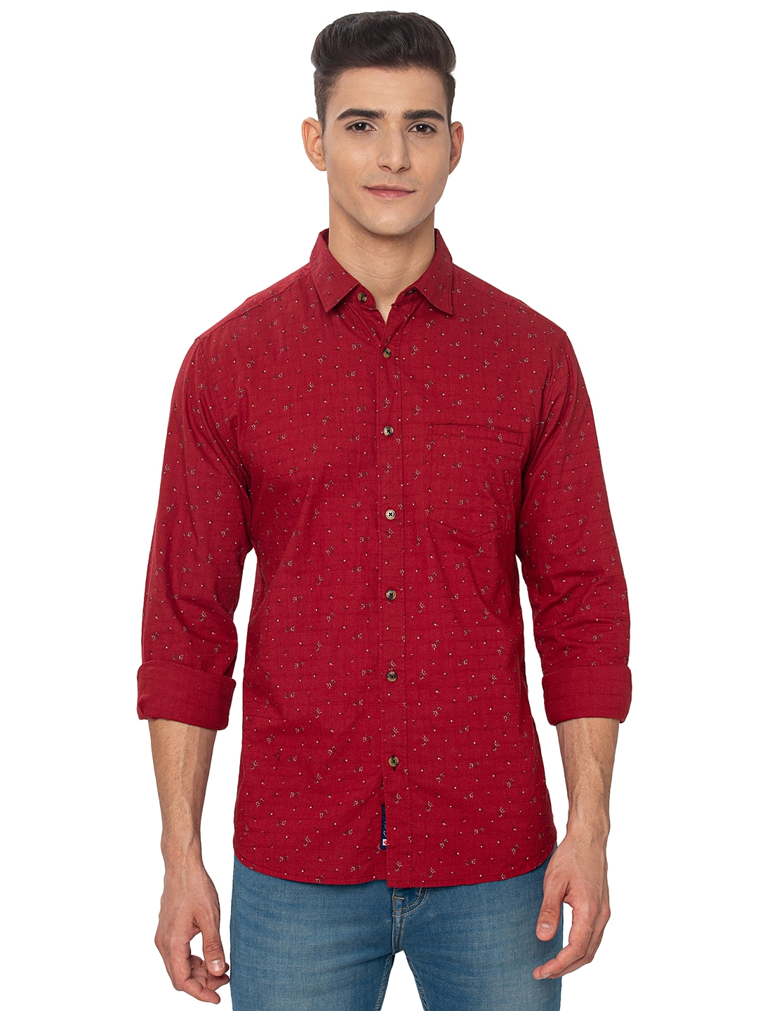 Greenfibre | Red Printed Slim Fit Semi Casual Shirt | Greenfibre