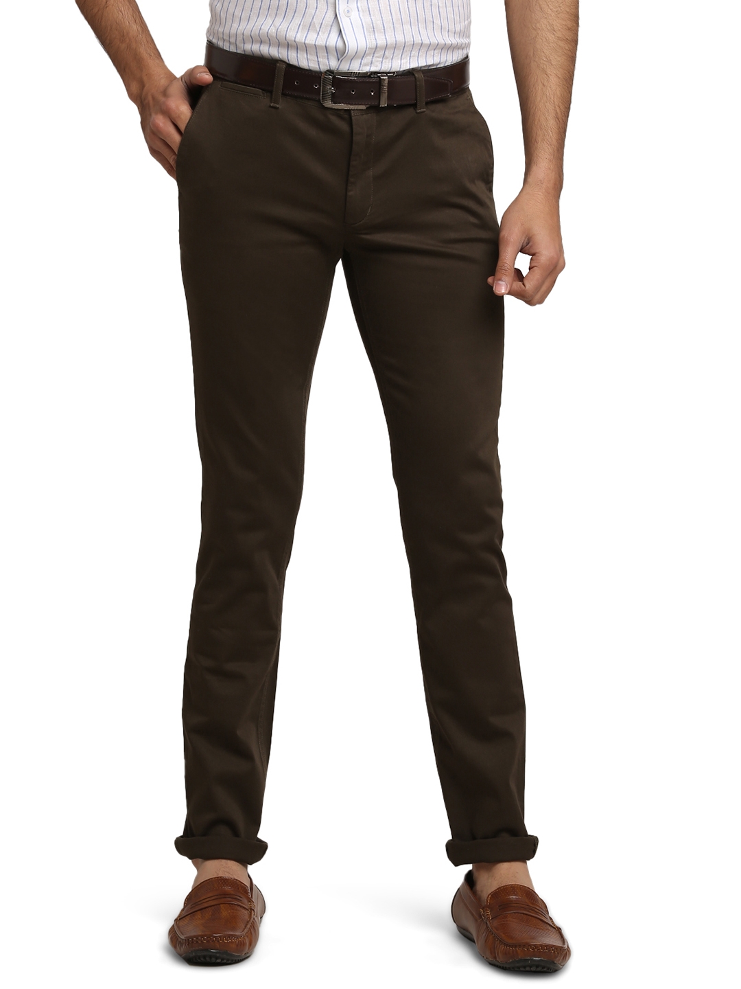 Olive Green Solid Super Slim Fit Casual Trouser | Greenfibre