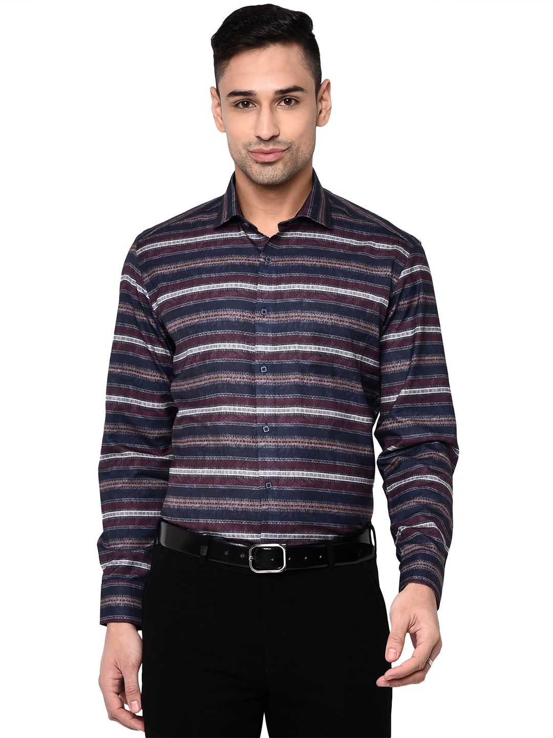 Navy Blue & Brown Striped Slim Fit Party Wear Shirt | Greenfibre