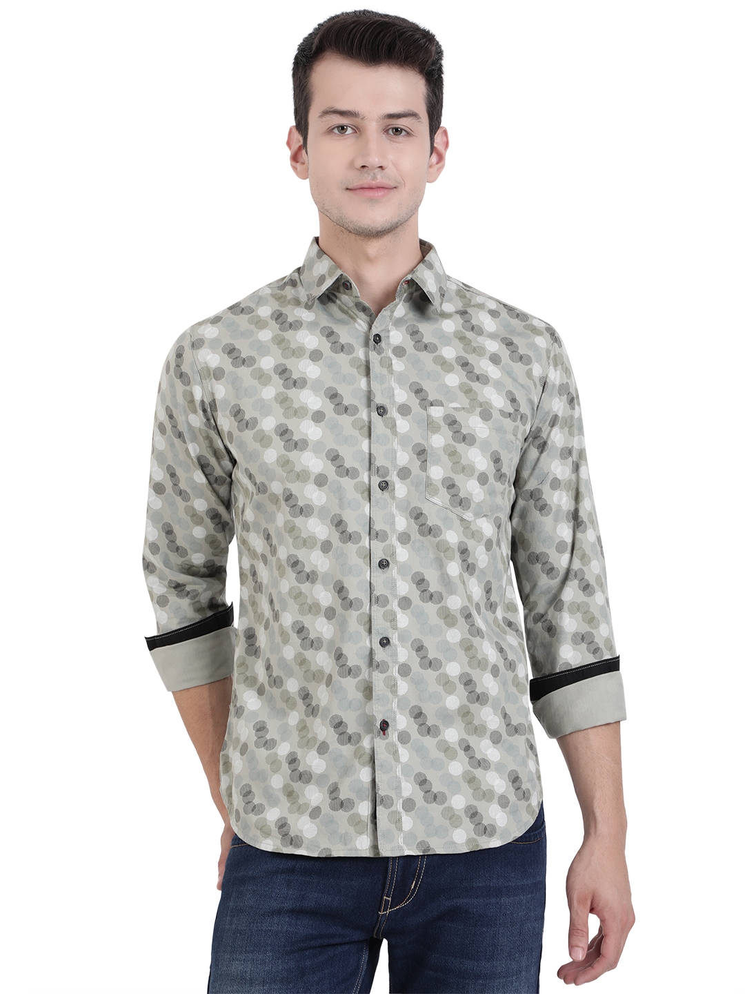 Grey Printed Slim Fit Semi Casual Shirt | Greenfibre