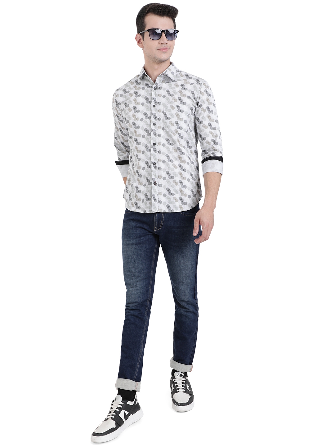 Glacier Grey Printed Slim Fit Semi Casual Shirt | Greenfibre