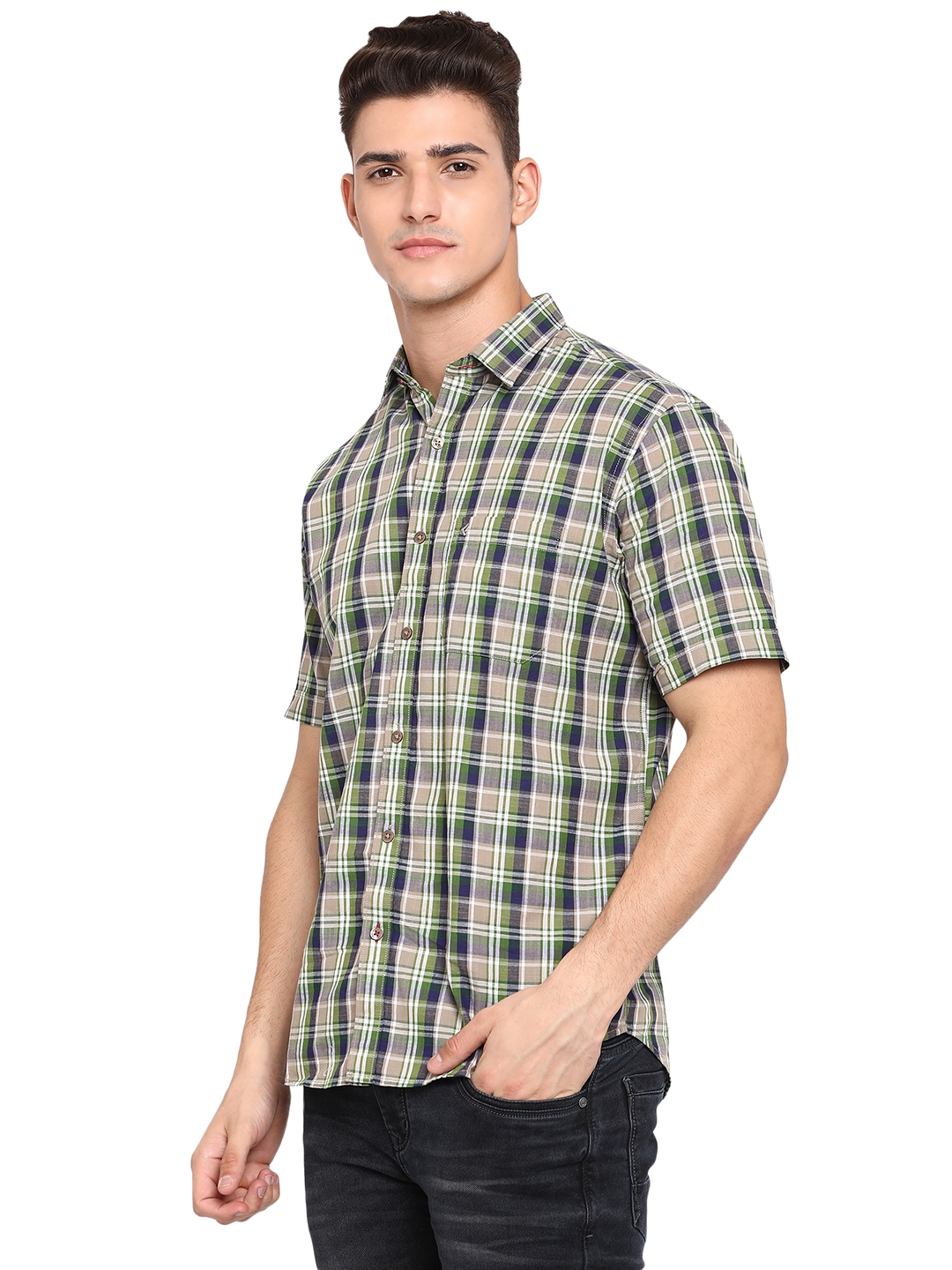 Grey & Green Checked Classic Fit Casual Shirt | Greenfibre
