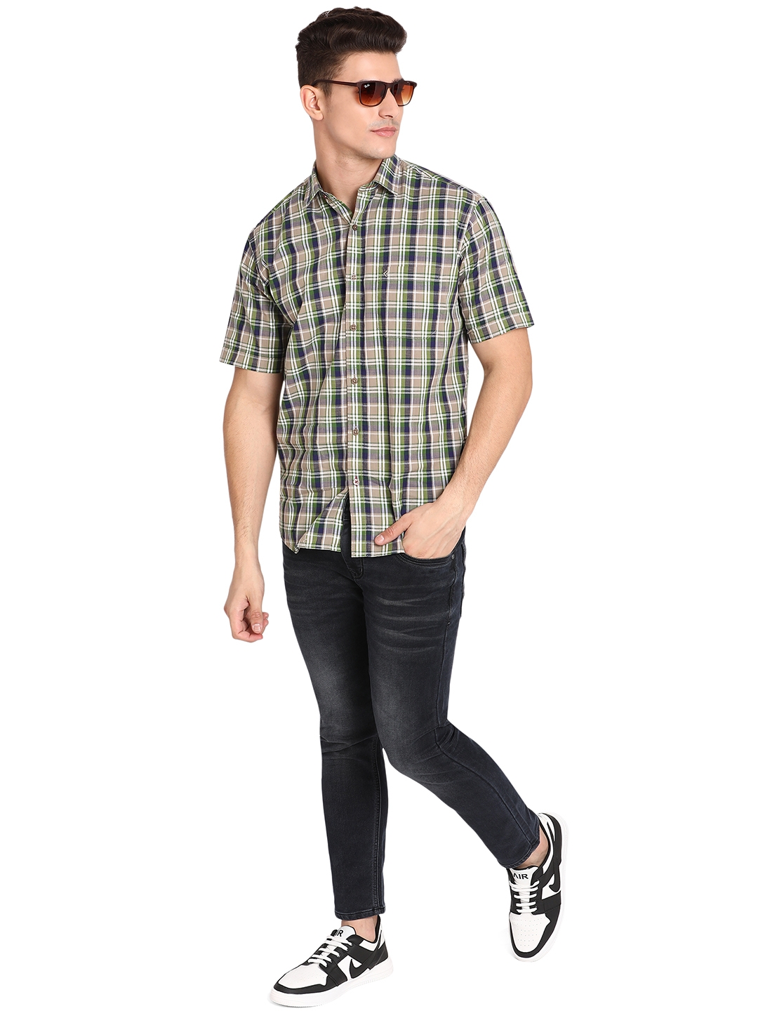 Grey & Green Checked Classic Fit Casual Shirt | Greenfibre