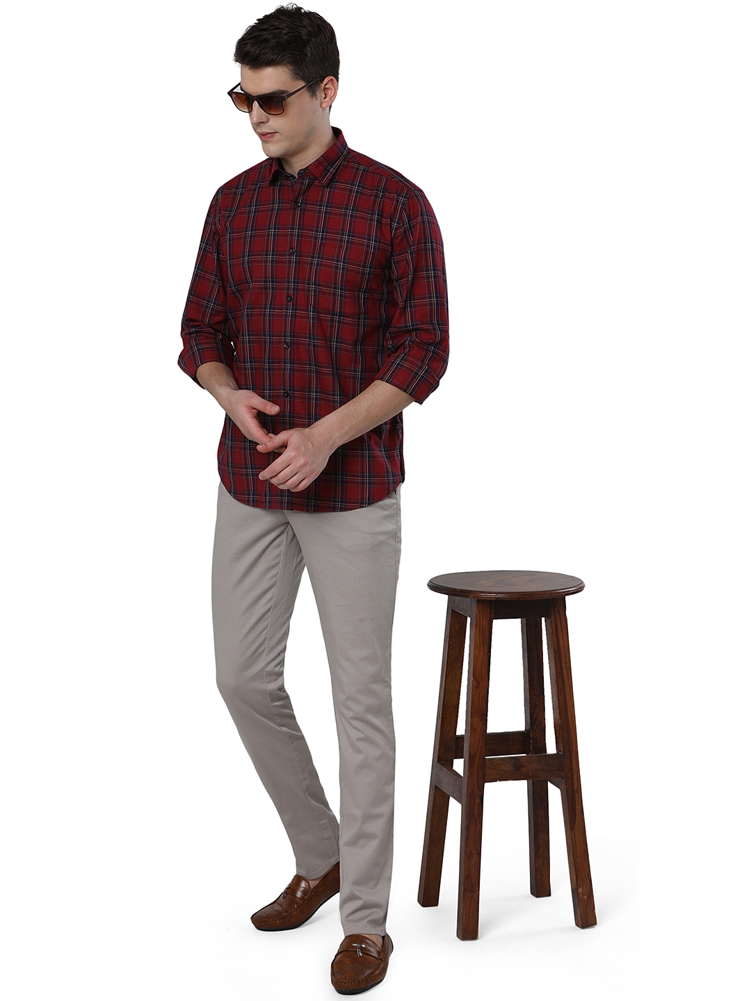 Ruby Wine Checked Slim Fit Casual Shirt | Greenfibre