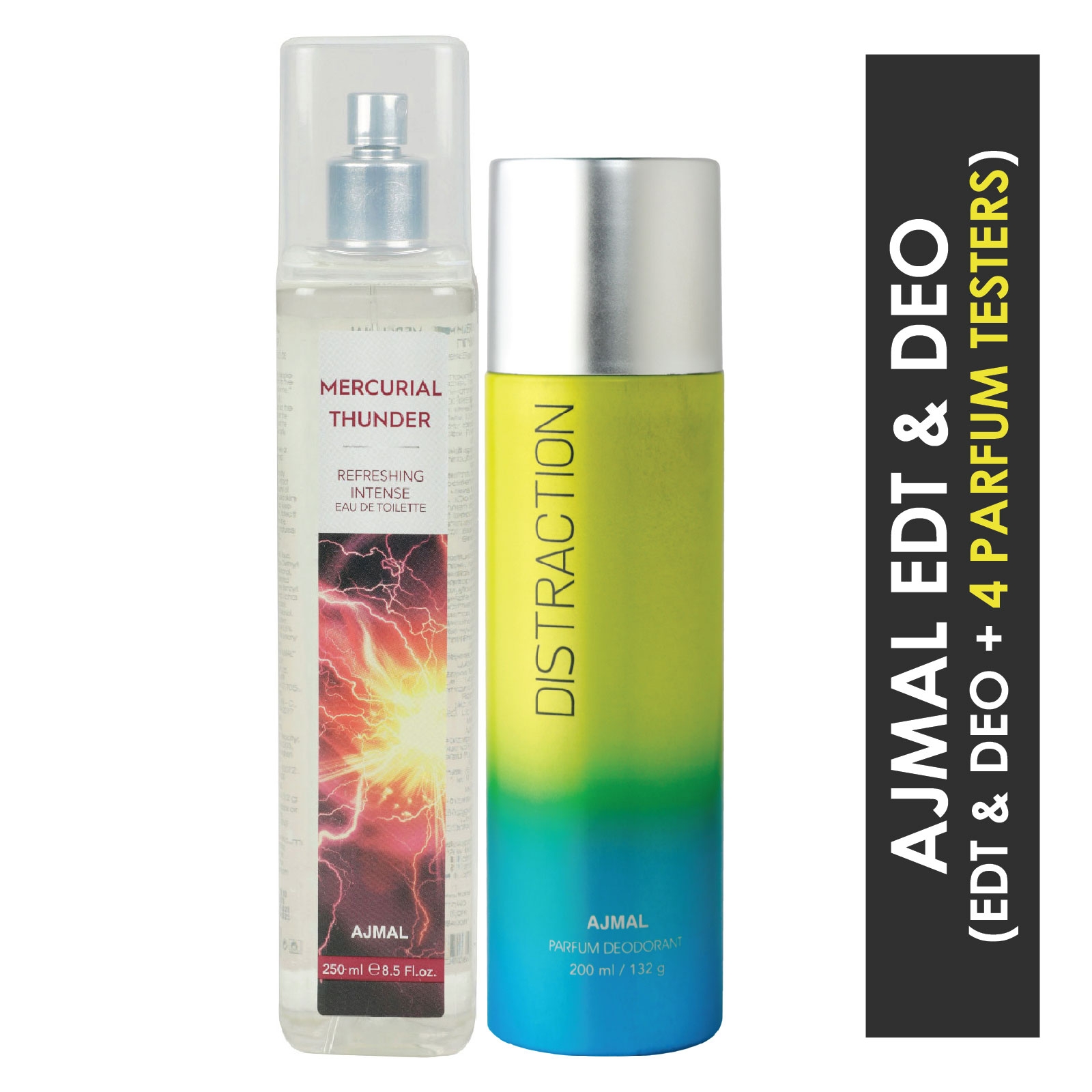 Ajmal | Ajmal Mercurial Thunder EDT of 250ml & Distraction  Deodorant 200ml  pack of 2 (Total 450ML) for Unisex + 4 Parfum Testers