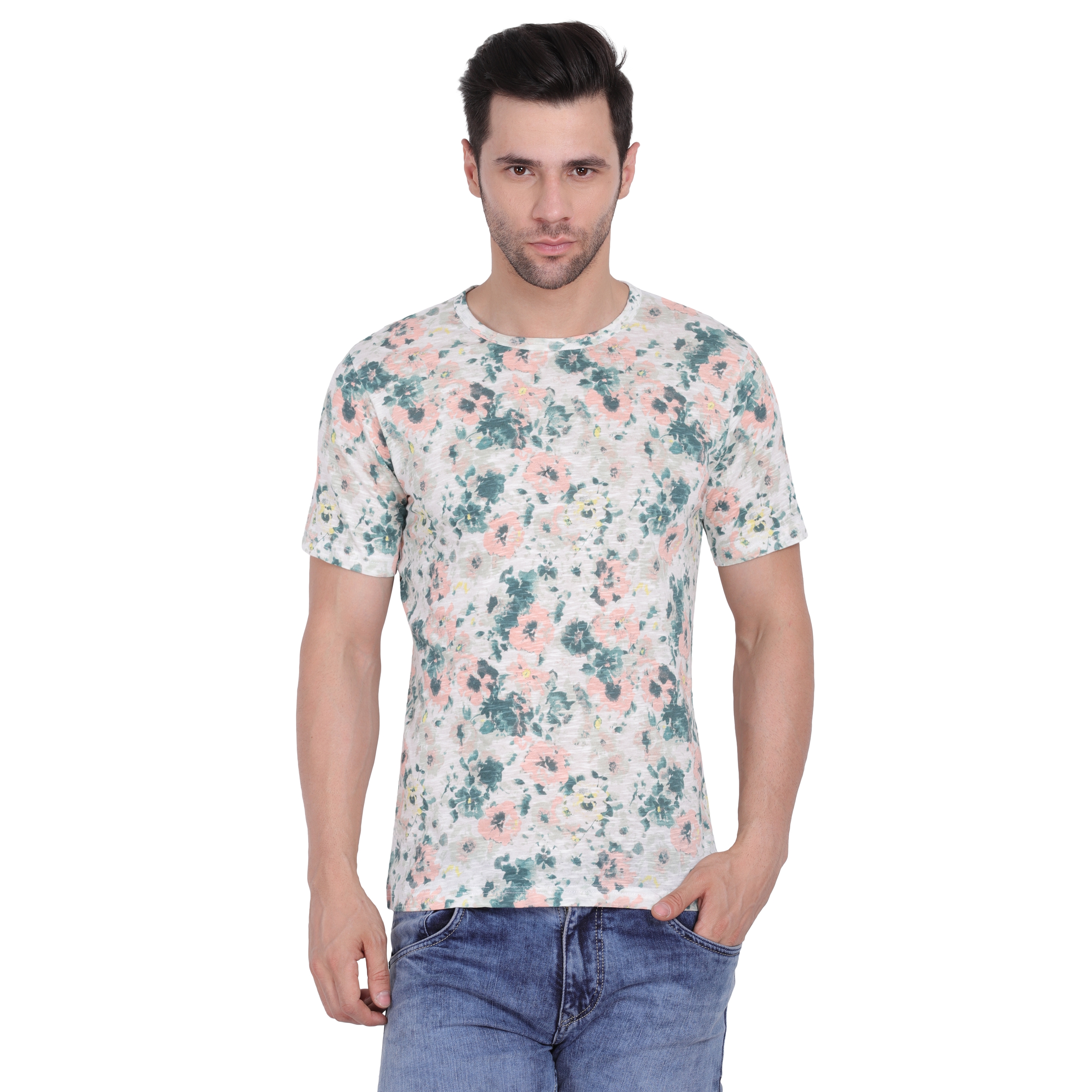 Styvibe | Styvibe Men White Floral Print Round Neck Half Sleeve T-Shirt