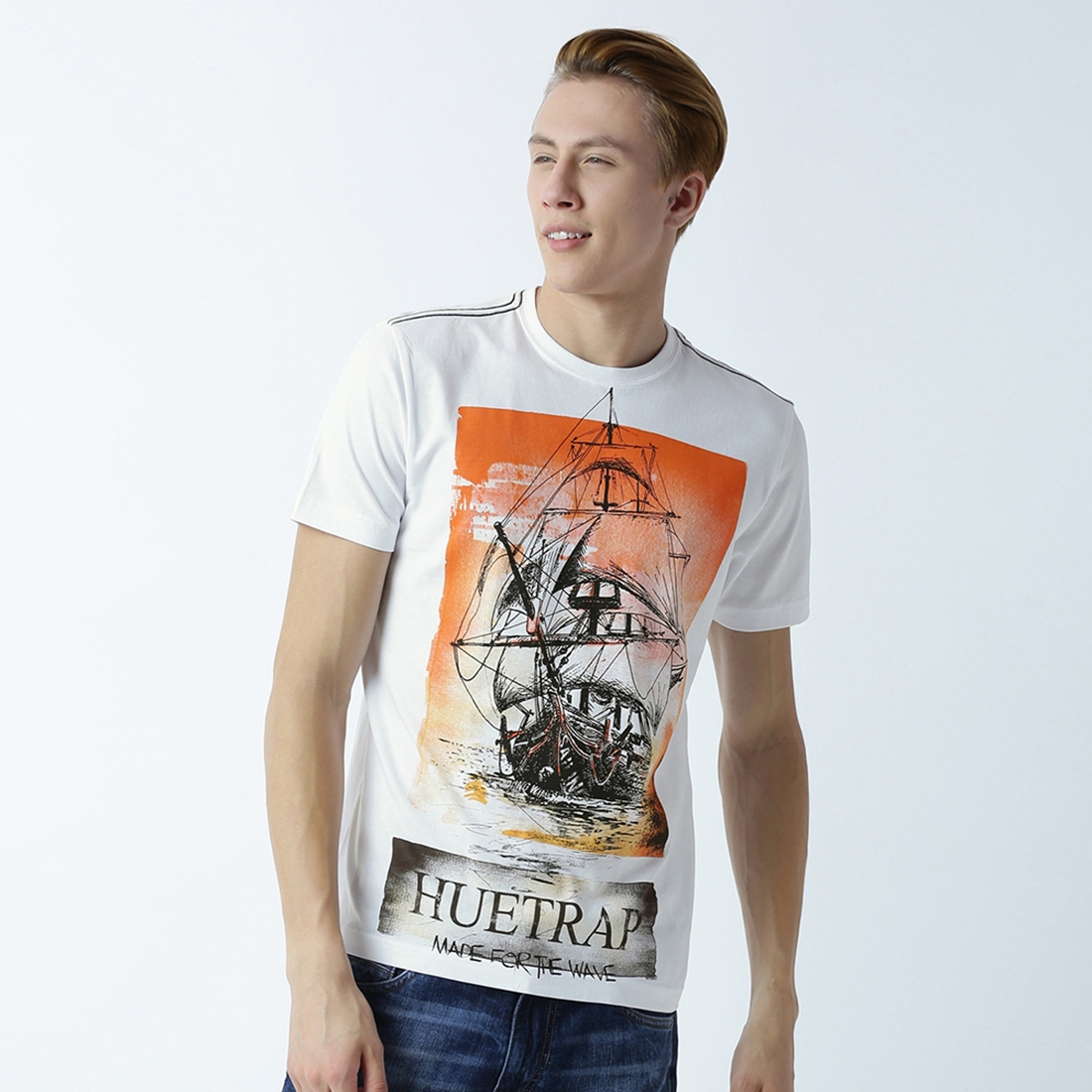 HUETRAP | Huetrap Men's Graphic Round Neck Short Sleeve White T-Shirt