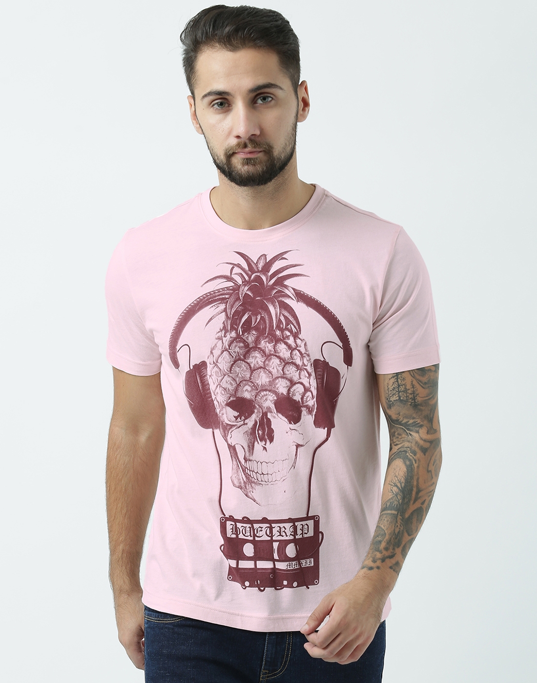 HUETRAP | Huetrap Men's Graphic Round Neck Short Sleeve Light Pink T-Shirt