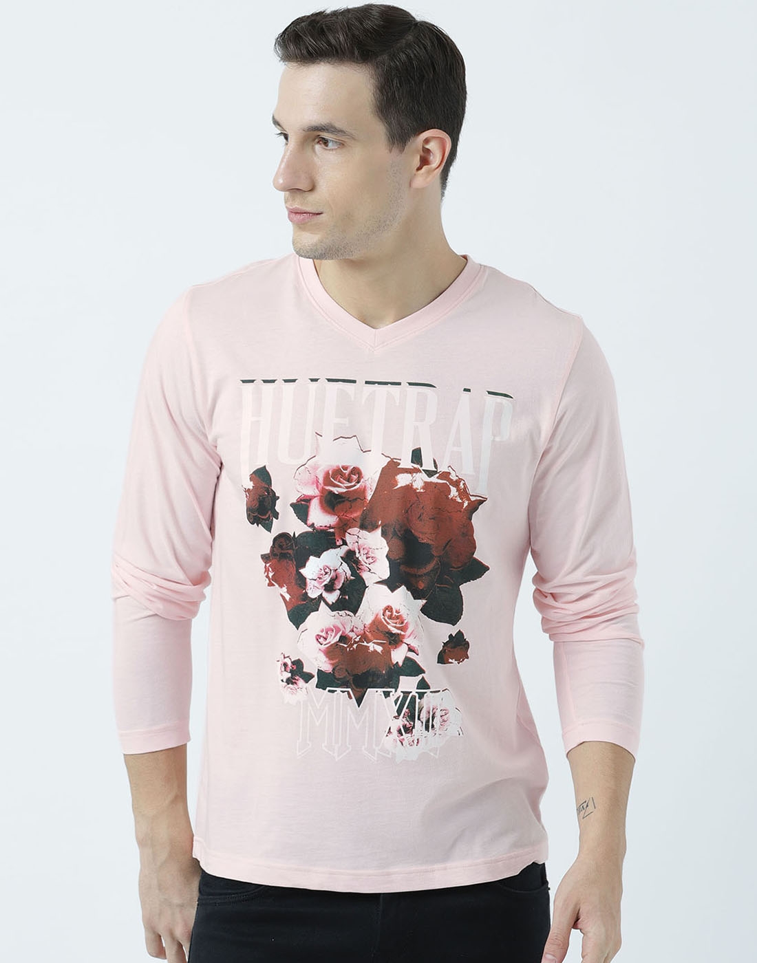 HUETRAP | Huetrap Mens Light Pink Long Sleeve V Neck Tshirt