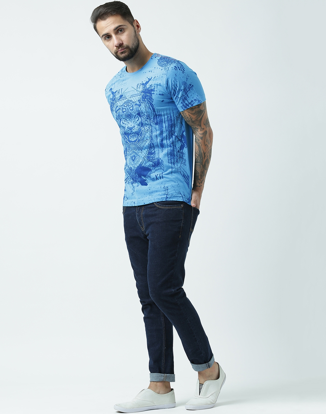 HUETRAP | Huetrap Men's Graphic Round Neck Short Sleeve Turq Blue T-Shirt 4