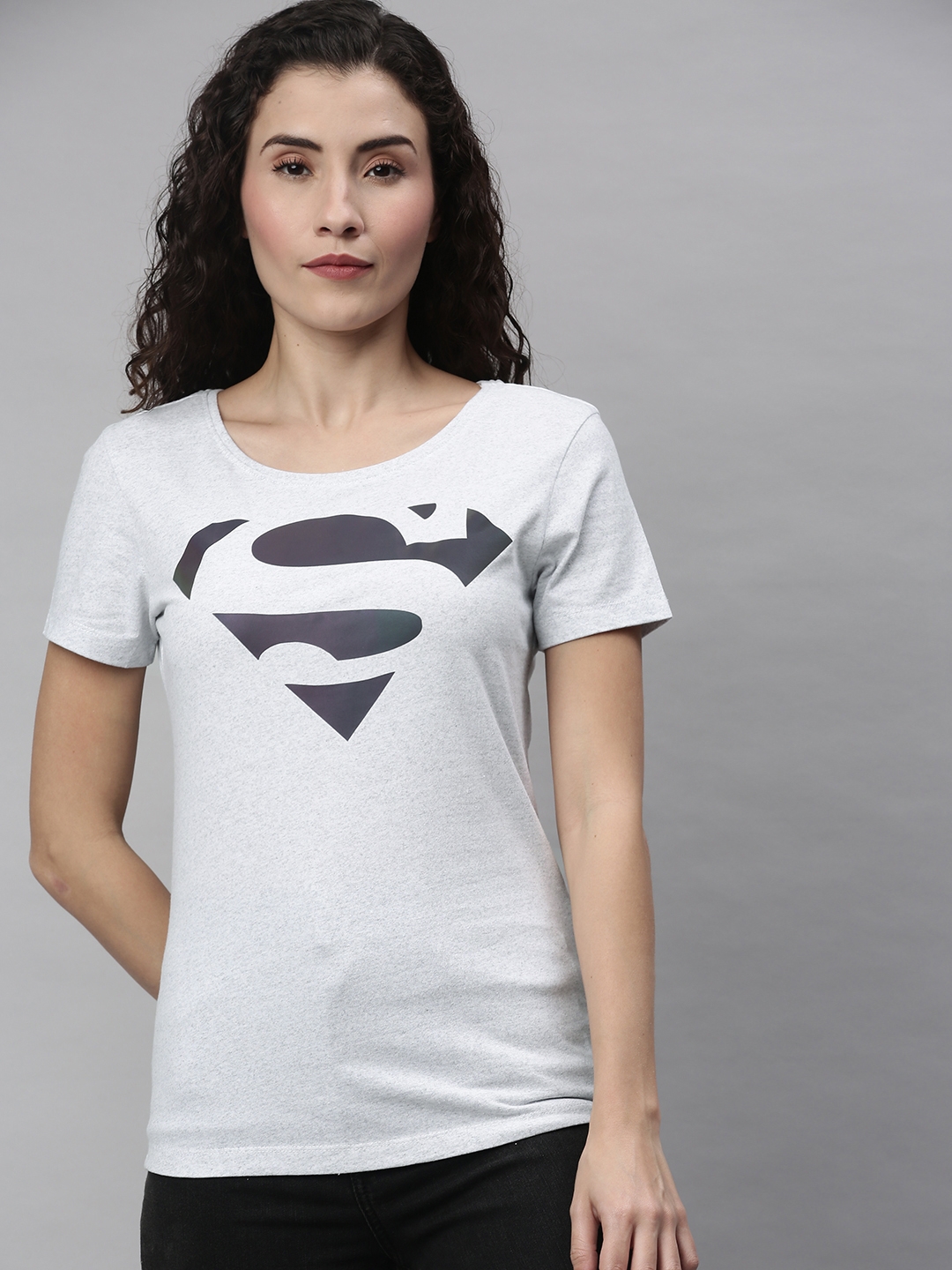 HUETRAP | Grey Superman White Melange and Multicolor Printed Eco Round Neck T-Shirt