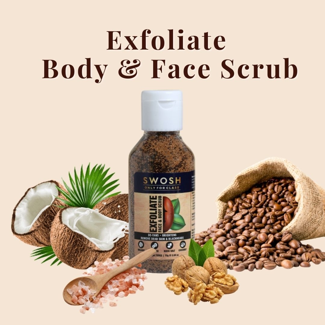 SWOSH Exfoliate Walnut Scrub 75g For Face & Body With Coffee & Coconut For Dead Skin Cells & Tan Removal, Blackheads, Dirt & Pollution Free Skin Pack of 1