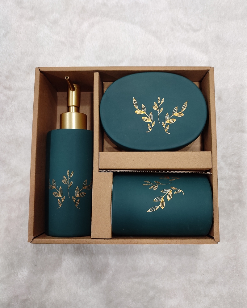 Order Happiness | Order Happiness Beautiful Design Bathroom Accessories Set of 3, 1 Soap Dispenser, 1 Soap Tray, 1 Toothbrush Holder Ceramic Bathroom Set - Dark Green (Pack of 3)