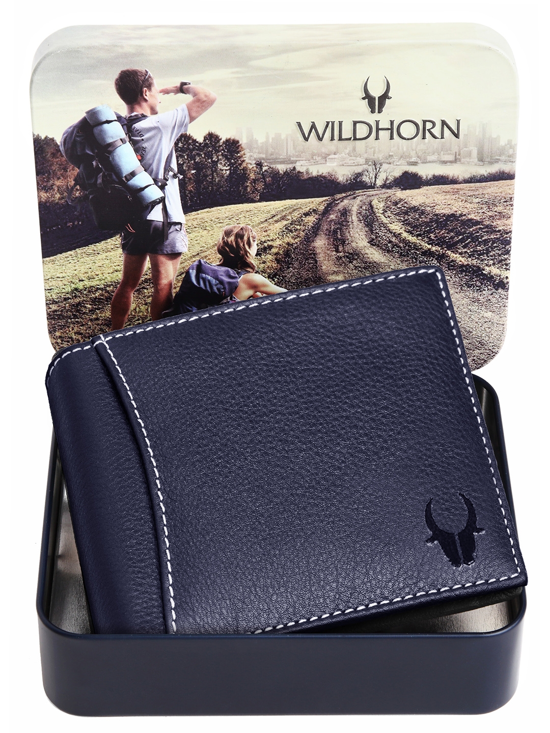 WildHorn | WildHorn RFID Protected Genuine High Quality Leather Embossed Blue Wallet for Men