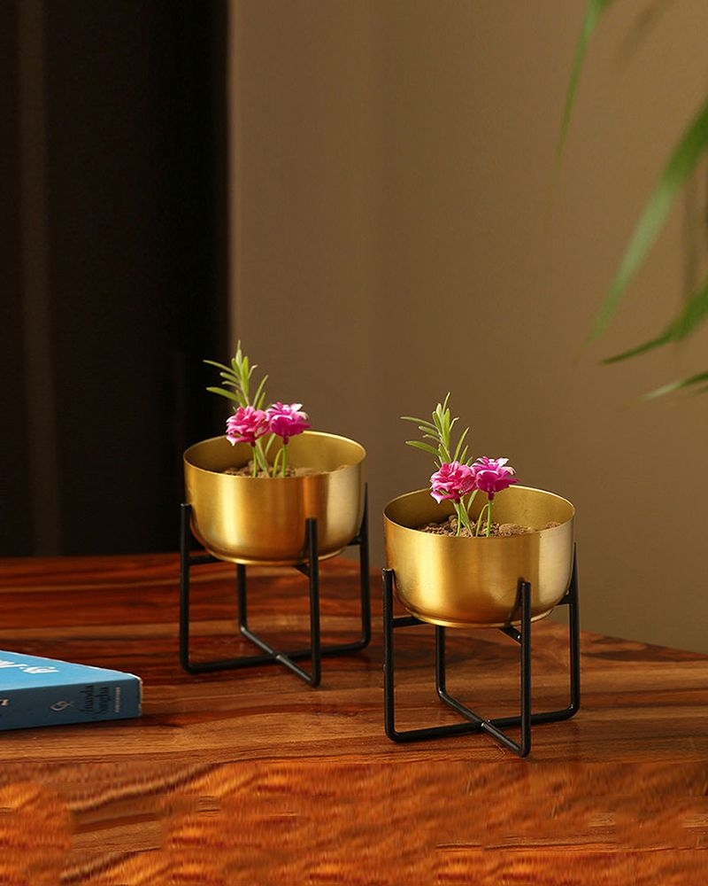 Order Happiness | Order Happiness The Golden Bowls' Table Planter Pots with Crossed Stands in Iron (5.2 Inch, Set of 2)