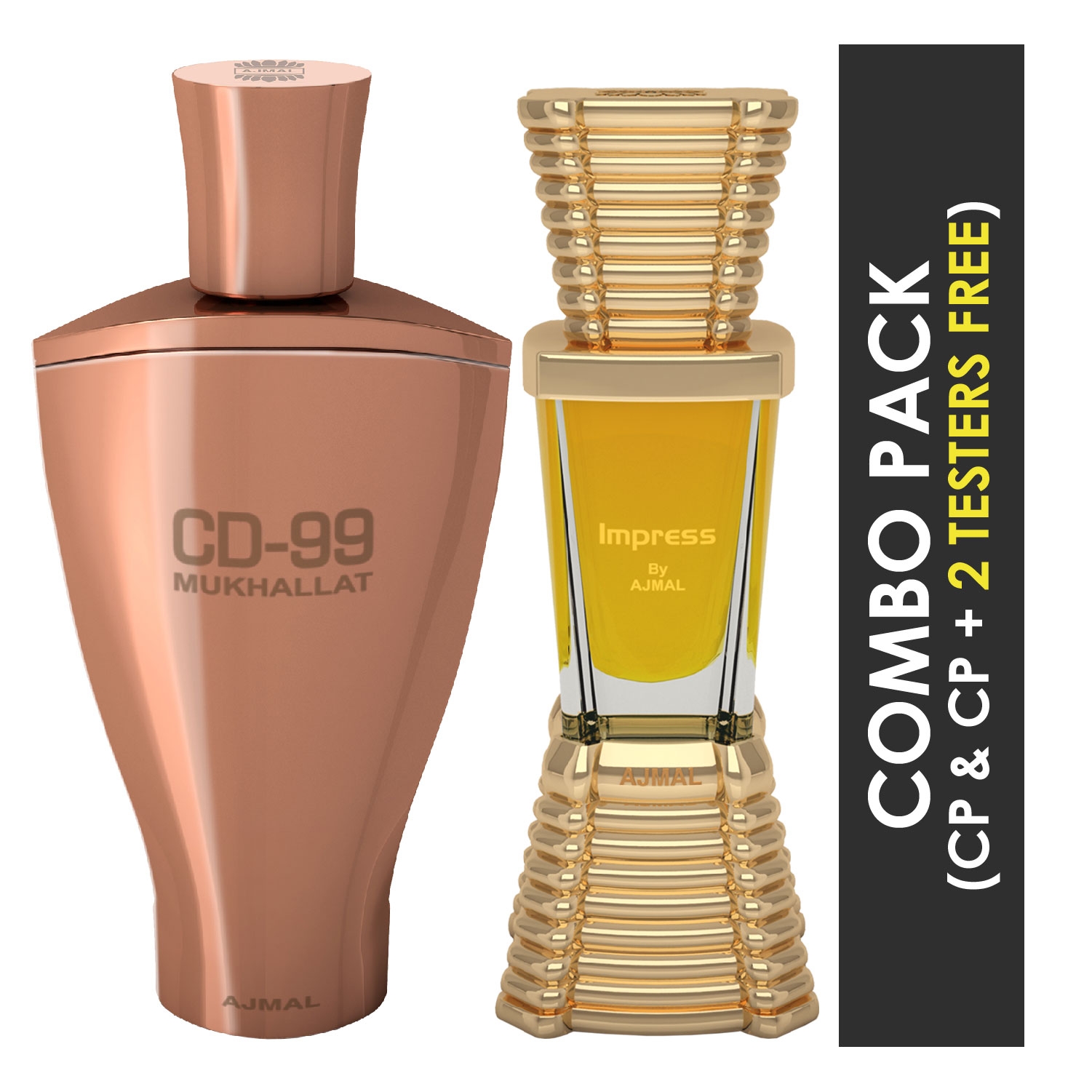Ajmal | Ajmal CD 99 Mukhallat Concentrated Perfume Oil Floral Oriental Alcohol-free Attar 14ml for Unisex and Impress Concentrated Perfume Oil Citrus Alcohol-free Attar 10ml for Men + 2 Parfum Testers FREE