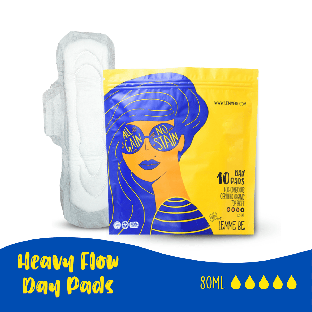 Lemme Be 100% Organic Cotton Heavy Flow Day Sanitary Pads I Rash Free Pads Cotton Soft Regular Sanitary Pads For Women - Pack of 10