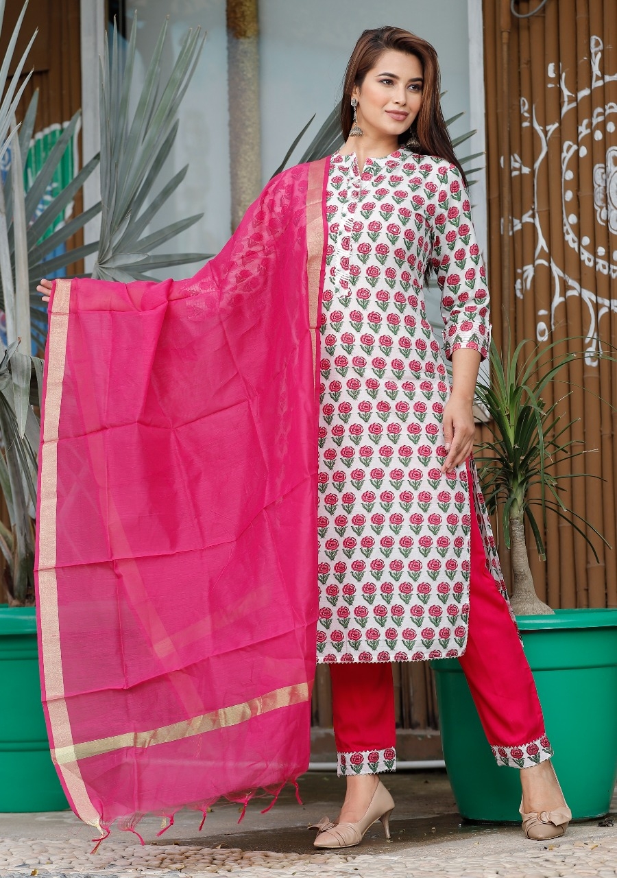 JAGURO | Stylish Stiched Cotton Women's Kurti Pant with Malmal Dupatta Set (Pink)