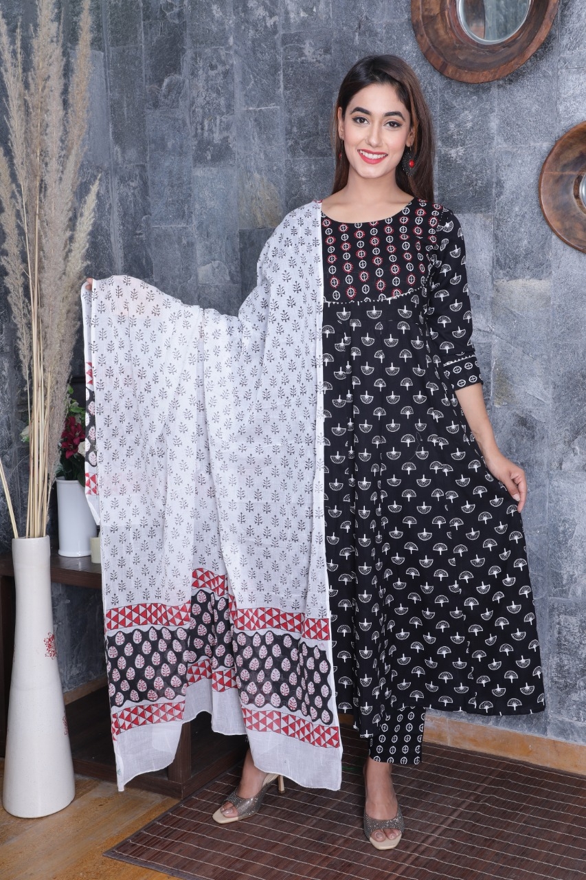 JAGURO | Stylish Stiched Rayon Women's Anarkali Black Kurti Pant with Malmal Dupatta Set 