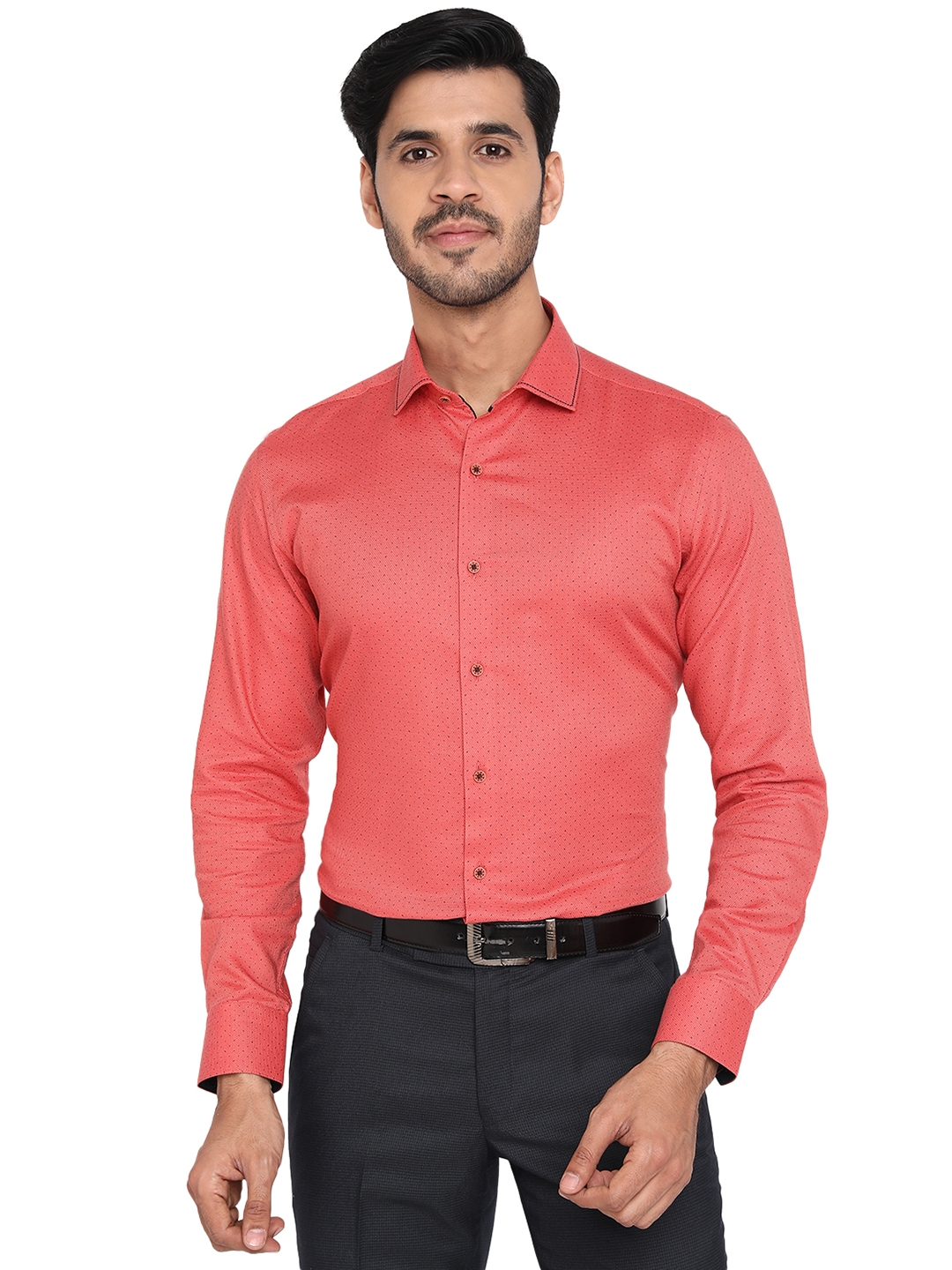 JB Studio | Carrot Red Solid Formal Shirts (PVDP-62217 CARROT RED BLUE DOT)