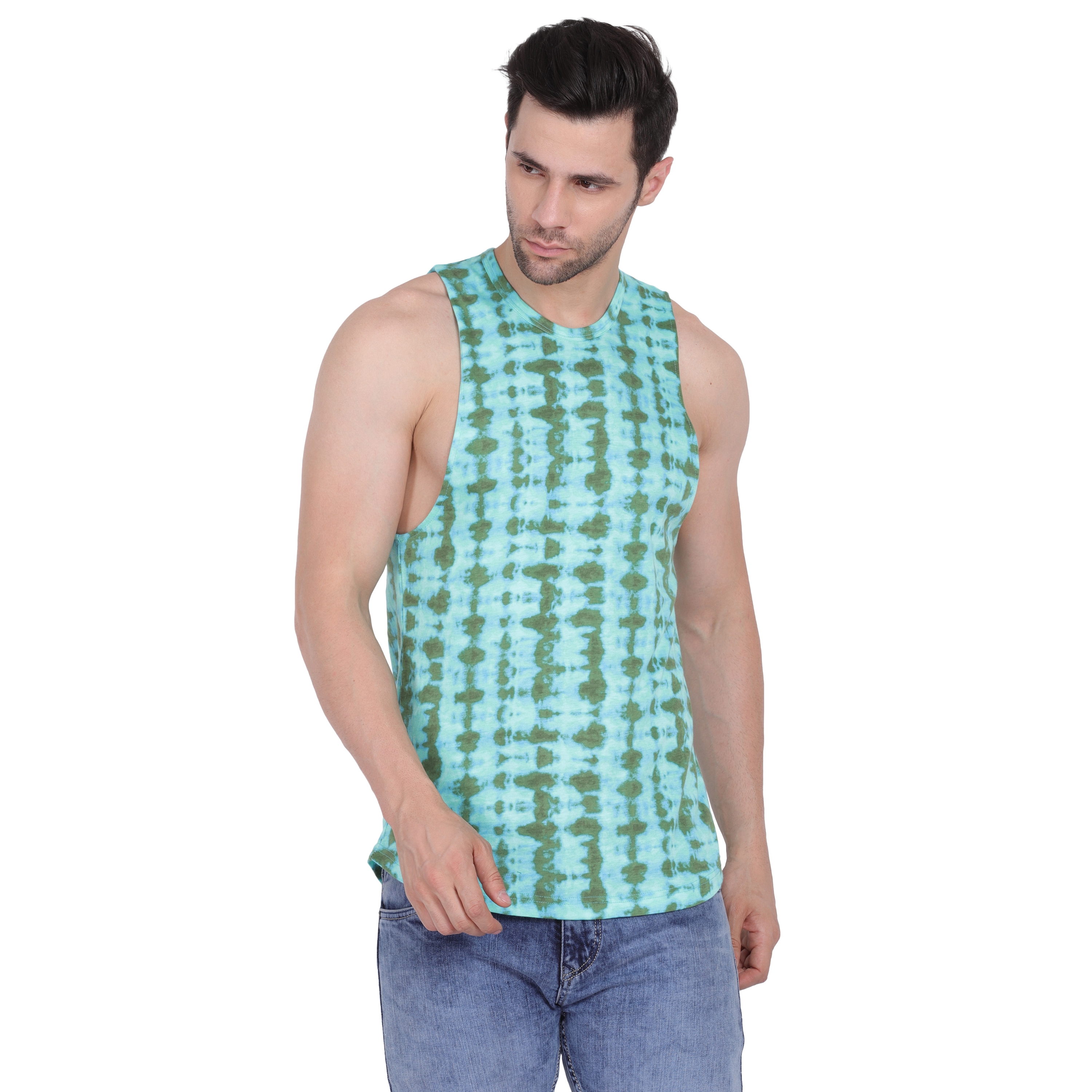 Styvibe | Styvibe Men Mint Green Printed Round Neck Sleeveless Vest T-Shirt