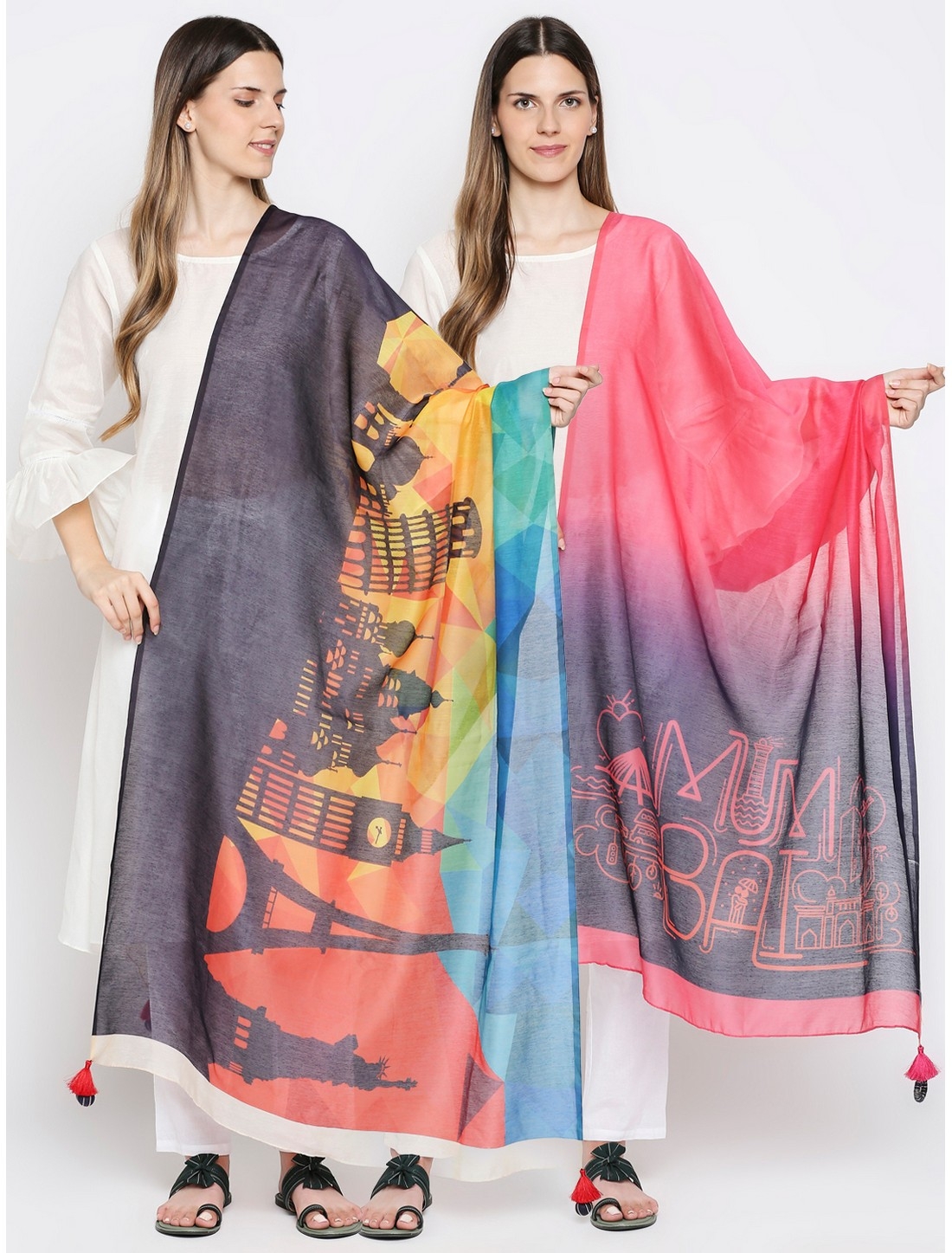 Get Wrapped | Get Wrapped Multi-Coloured Digital Dupatta with Fancy Tassels for Women - Pack of 2