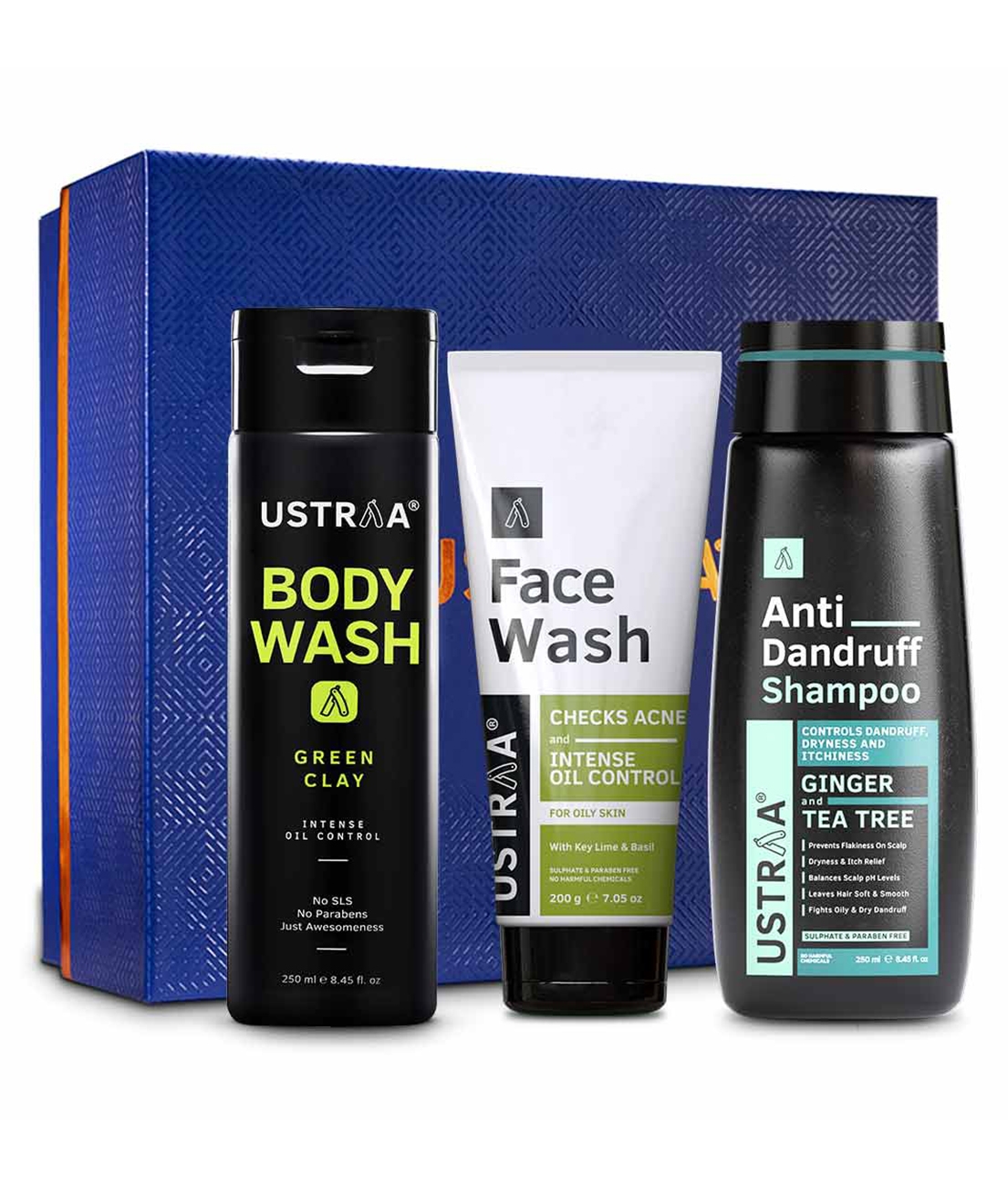 Ustraa | Ustraa Nature's Gift Box (Anti-Dandruff Shampoo, Body Wash Neem & Green Clay & Face Wash oily 200g)