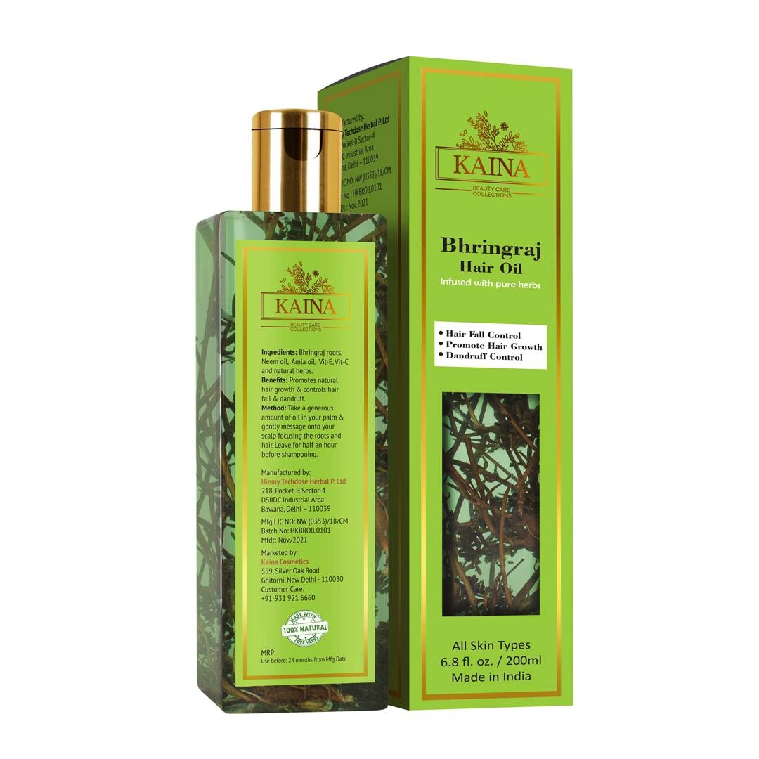 Kaina Cosmetics | Kaina Bhringraj Oil for Hair Fall and Regrowth Growth - Enriched with Bhringraj Root, Neem Oil, Pure Argan Oil, Amla Extract, Jojoba Oil | 100% Natural Sourced Ingredients | Ayurvedic Hair Oil - 200ml