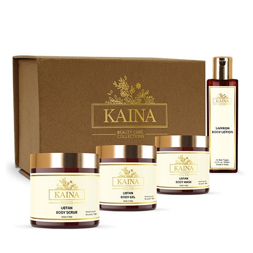 Kaina Cosmetics | Kaina UBTAN BODY POLISHING KIT for Skin Whitening With Saffron & Olive Oil | Organic Herbs | Tan Removal | Instant Glow | A combo of body scrub, body gel, body mask & body lotion | Unisex | (Set of 4)