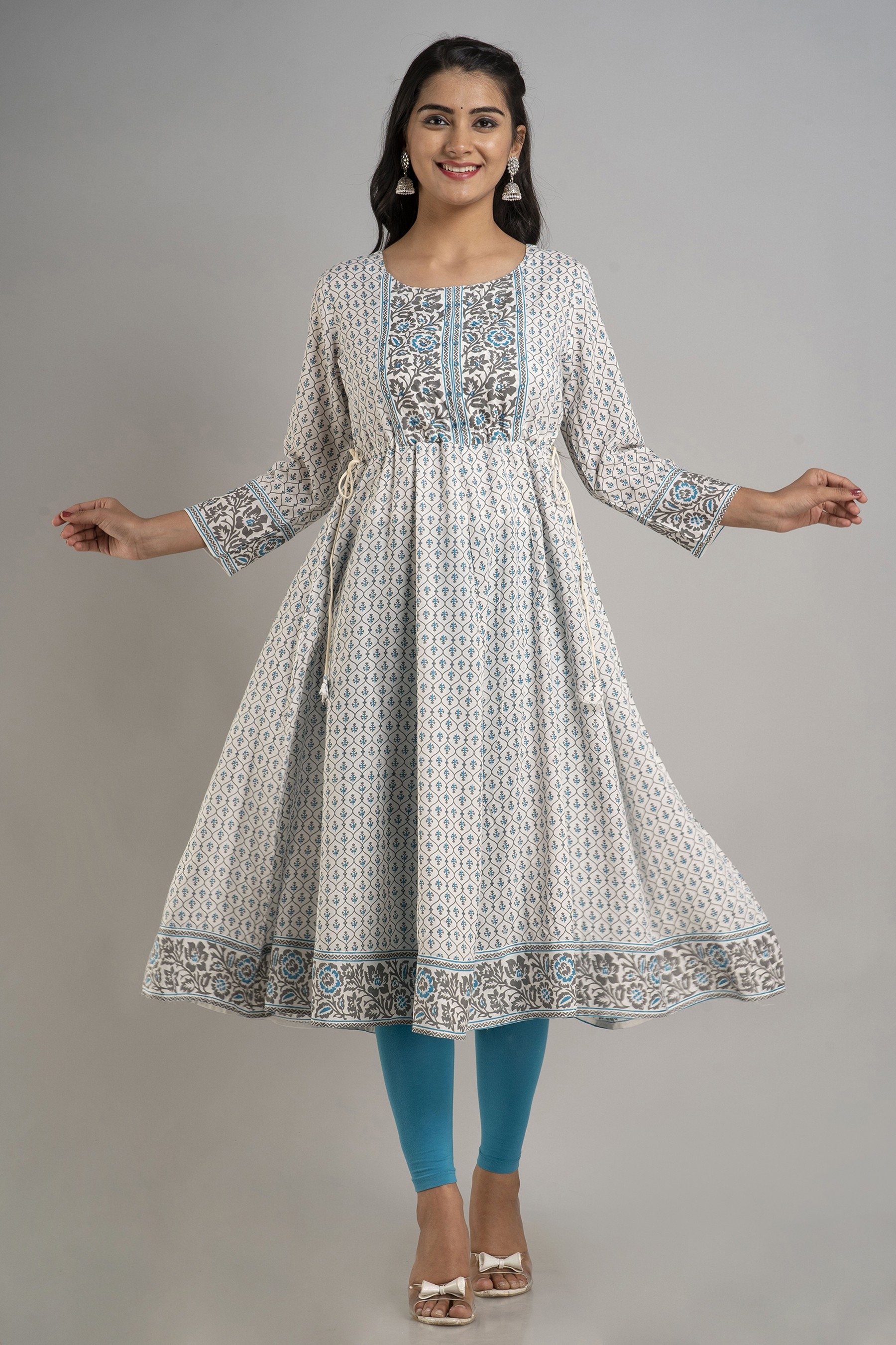 Kairab | Women's Rayon Embroidered and Hand Work Falred Ethnic Gown Kurti- Blue