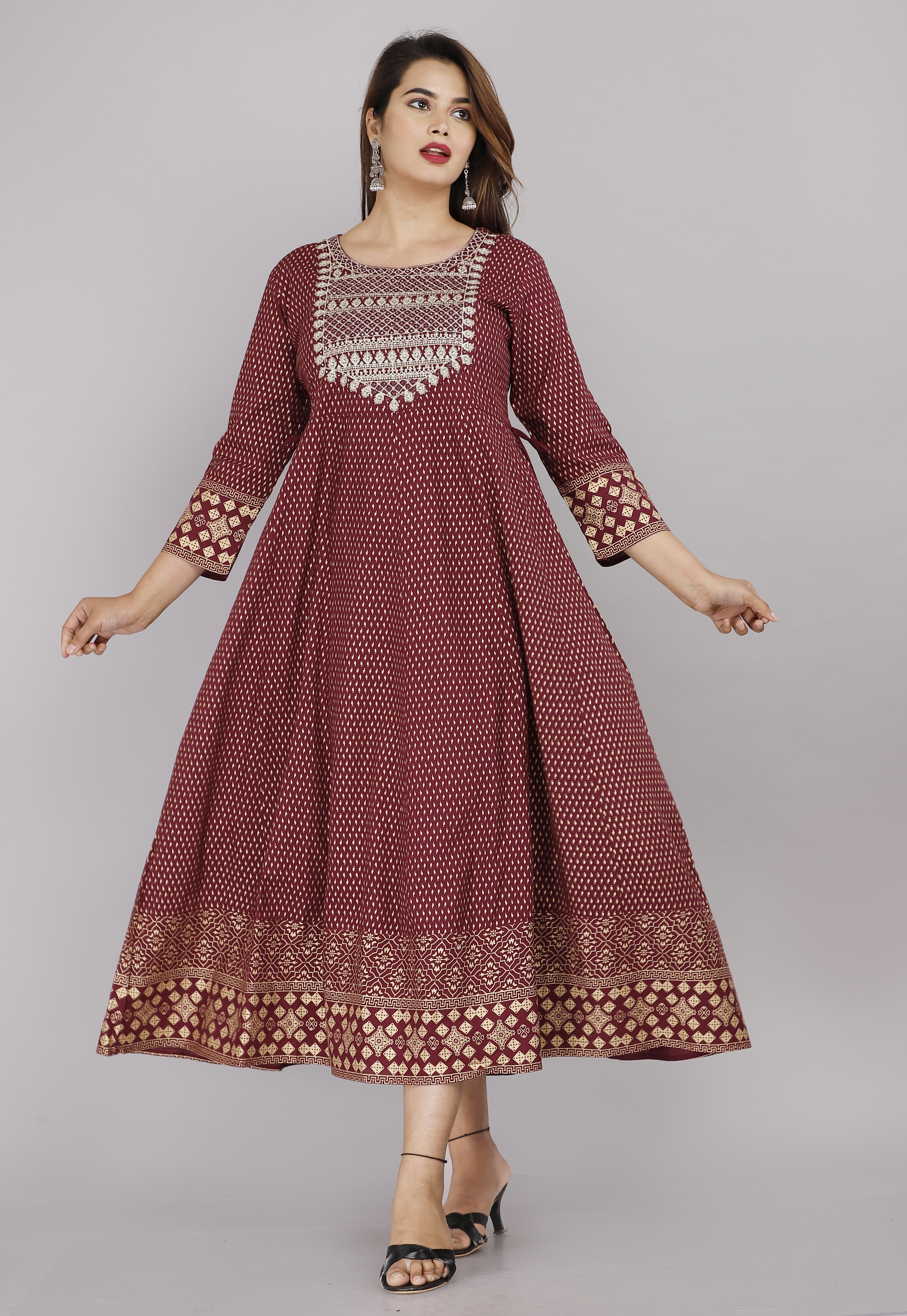 Kairab | Women's Rayon Embroidered and Hand Work Falred Ethnic Gown Kurti- Wine