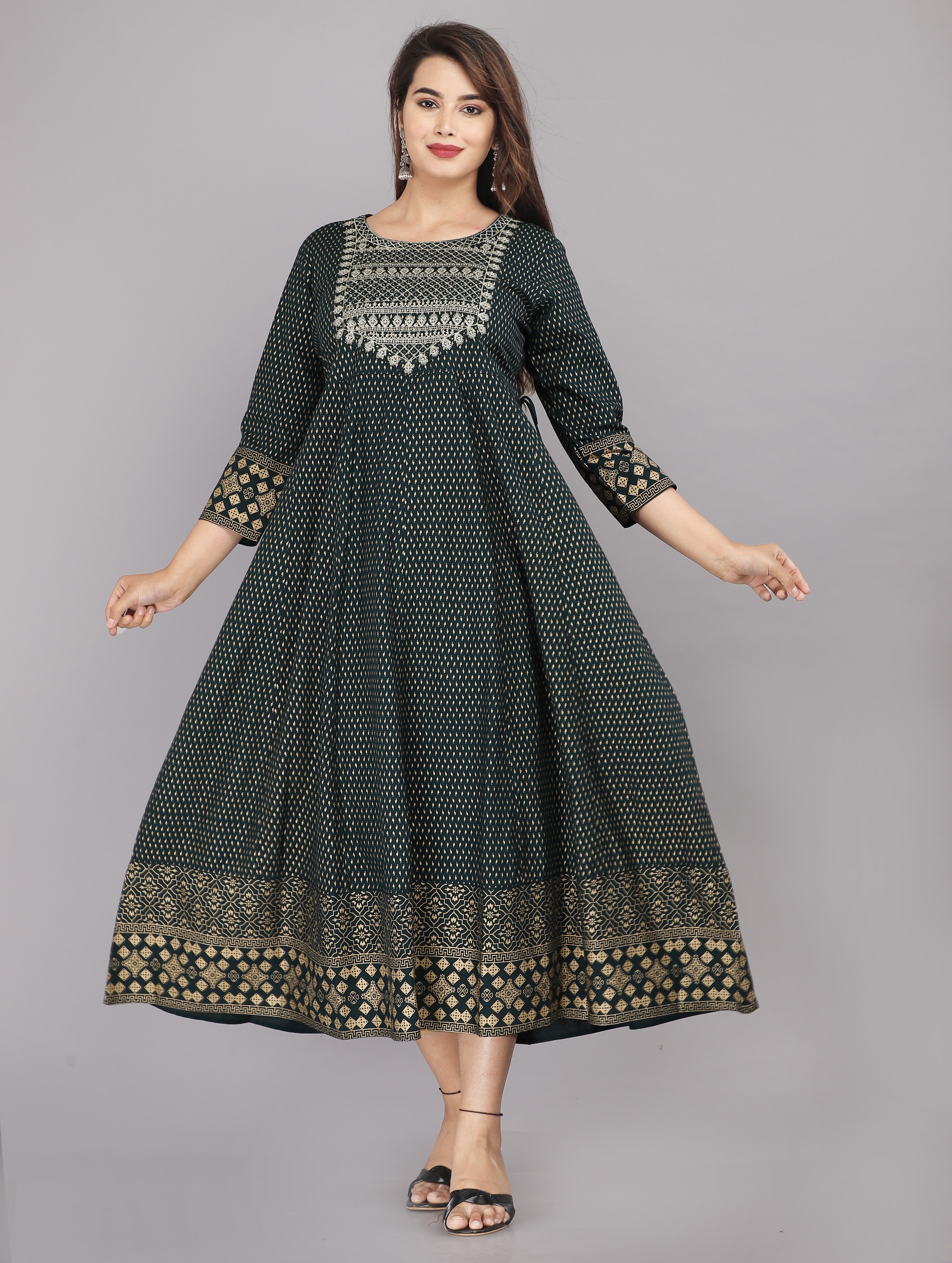 Kairab | Women's Rayon Embroidered and Hand Work Falred Ethnic Gown Kurti- B Green
