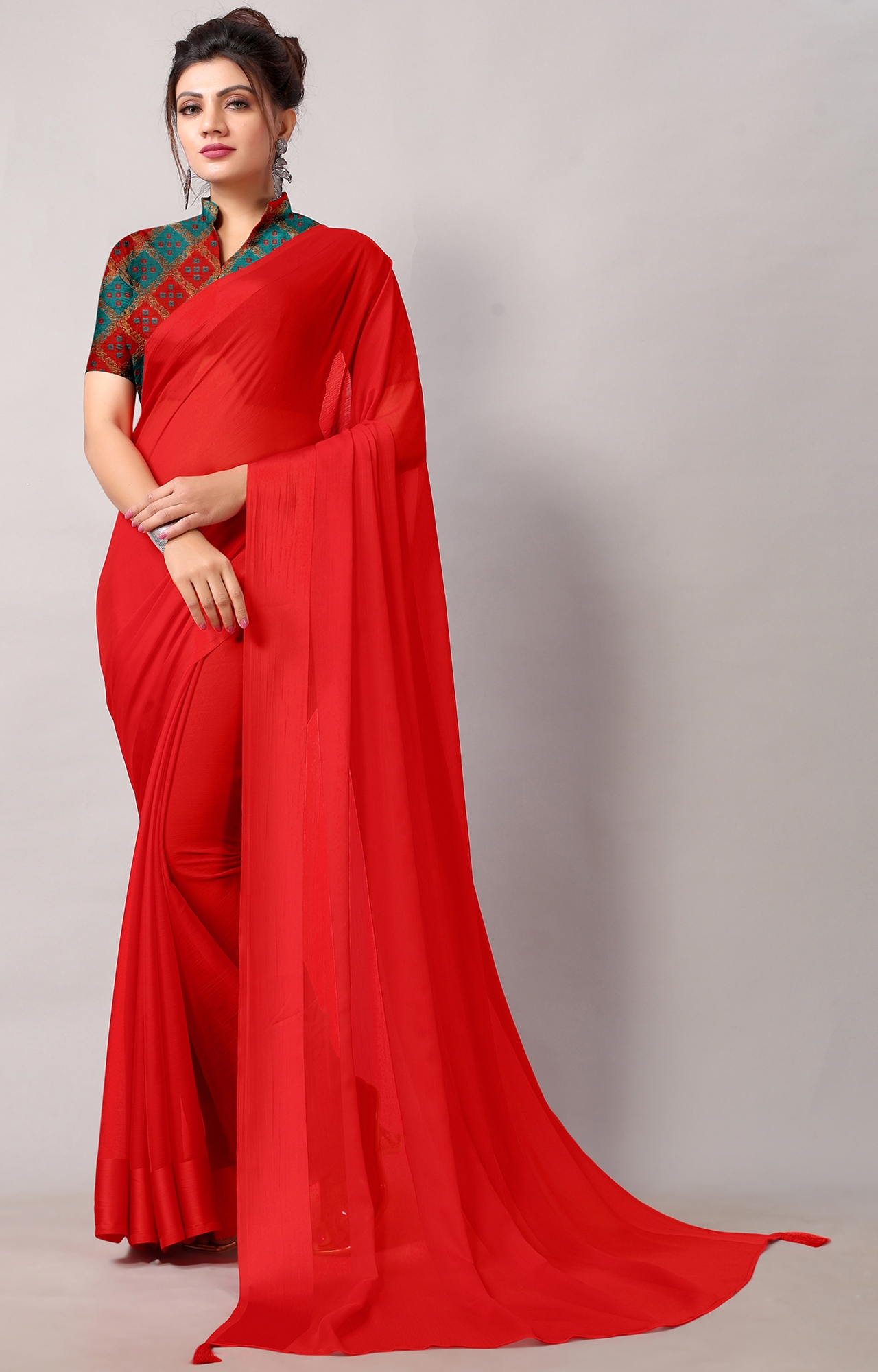 SHAILY RETAILS | Women Red Chiffon Party Wear Solid Saree-HACFNSTNBDR1079RED