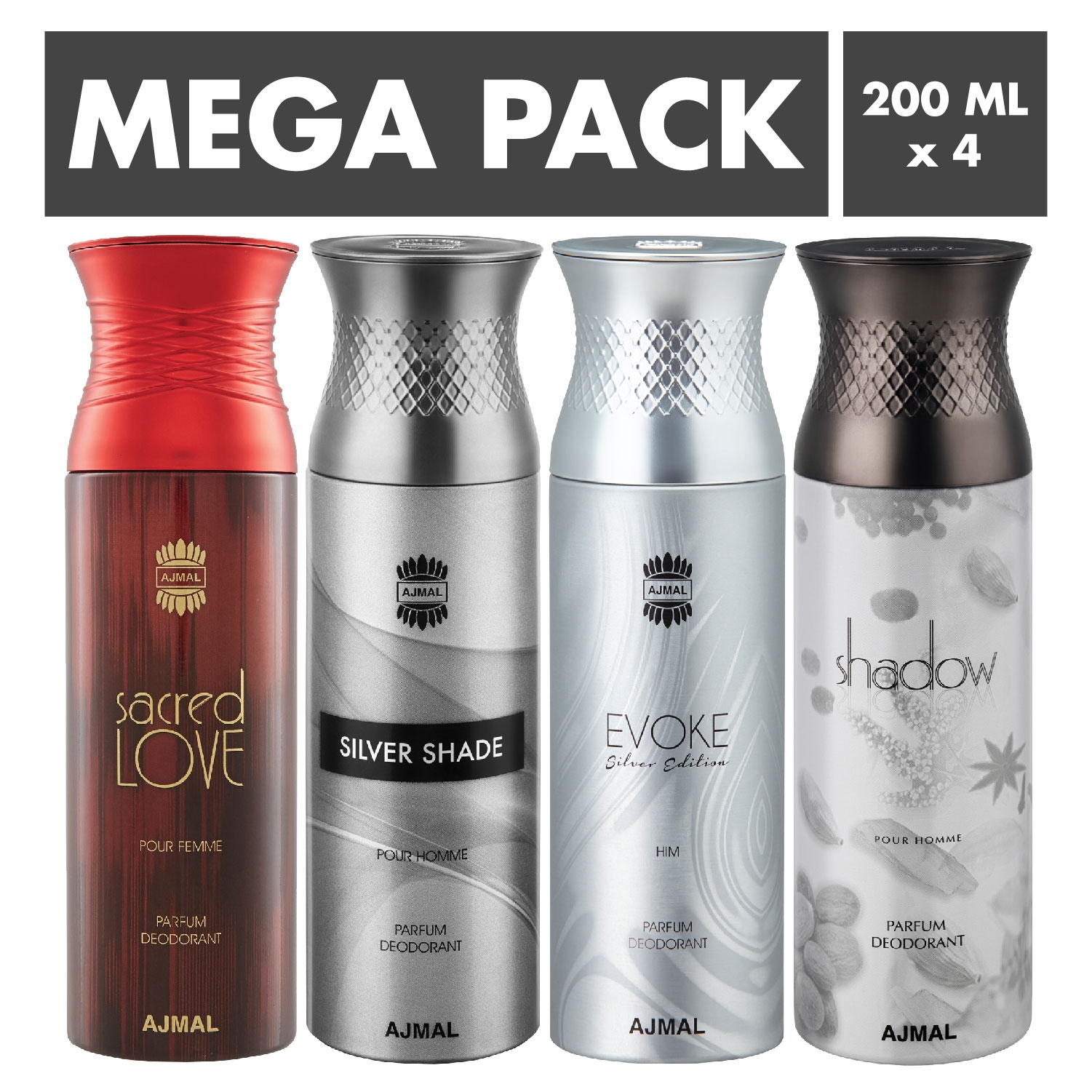 Ajmal | Ajmal Sacred Love & Silver Shade& EvokeSilver Edition Homme & Shadow Homme Deodorant Spray- For Men (200 ml, Pack of 4)