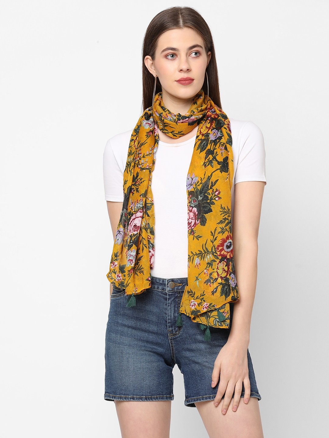 Get Wrapped | Get Wrapped Printed Scarf in Self design fabric with tassels  for Women
