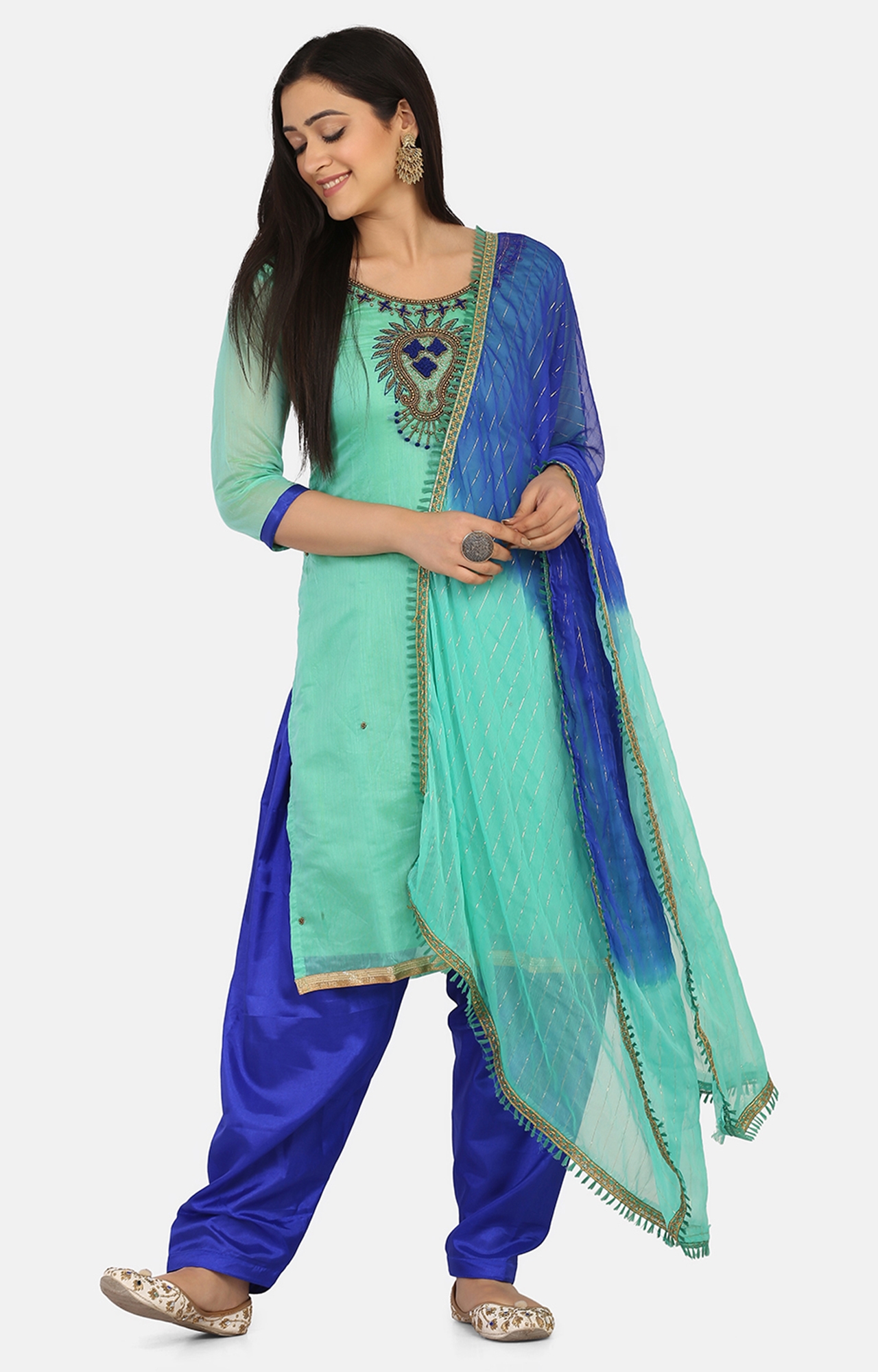 SHAILY RETAILS | Shaily Green Color Cotton Blend Embroidered Unstitched Dress Material-VF_BKRAMA37_DM