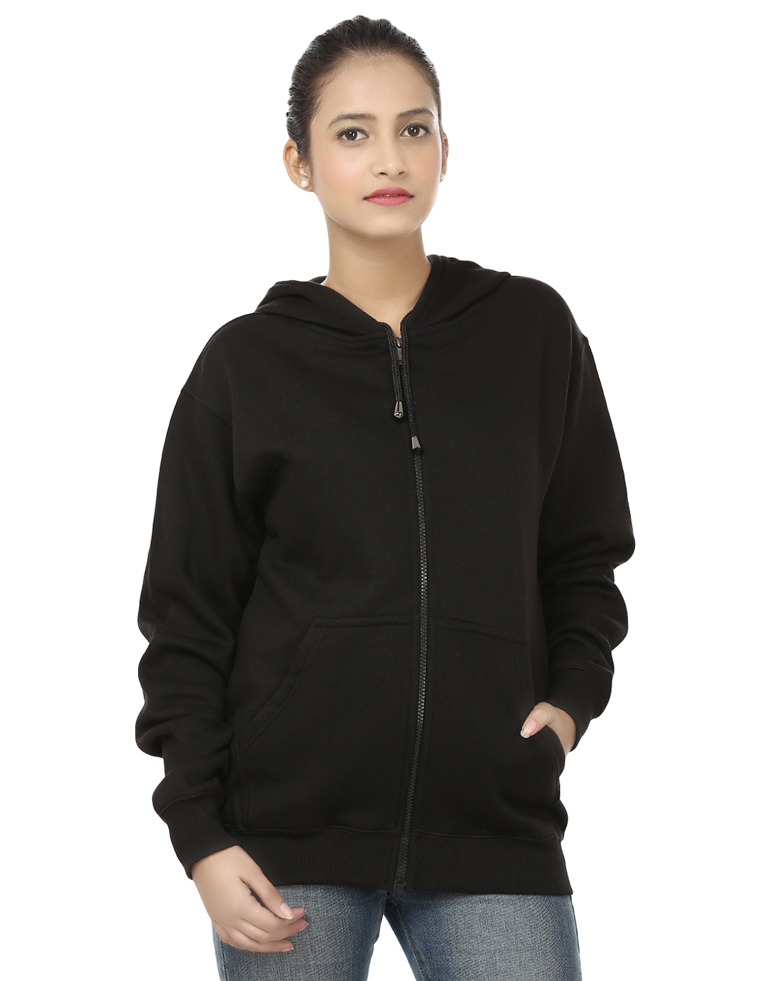 Weardo | Black Stylish Plain Zipper Hooded Sweatshirt 