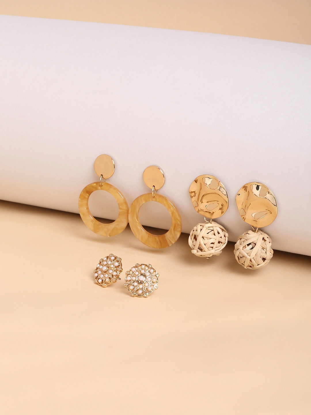 Lilly & sparkle | Lilly & Sparkle Combo Pack Of Gold Toned Textured,Hollow Circular Dangler&Pearl Studded Stud Earring