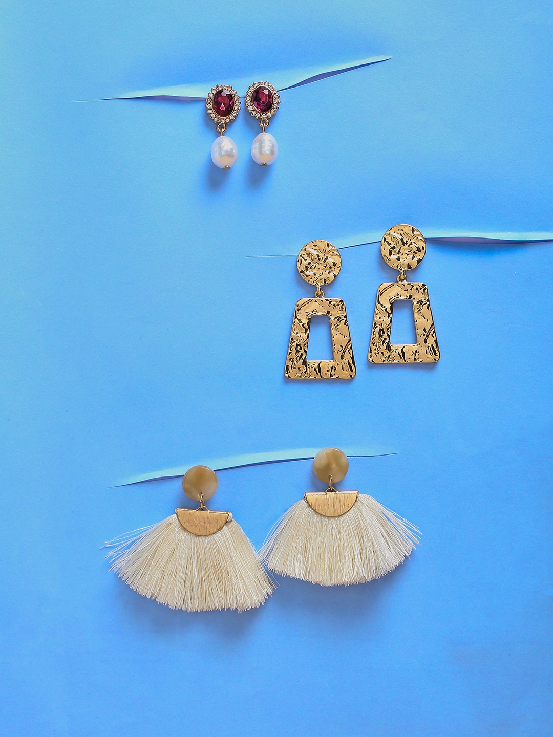 Lilly & sparkle | Lilly & Sparkle Combo Pack Gold Toned Geometric,Tassel Peach,Stone & Pearl Studded Dangler Earring