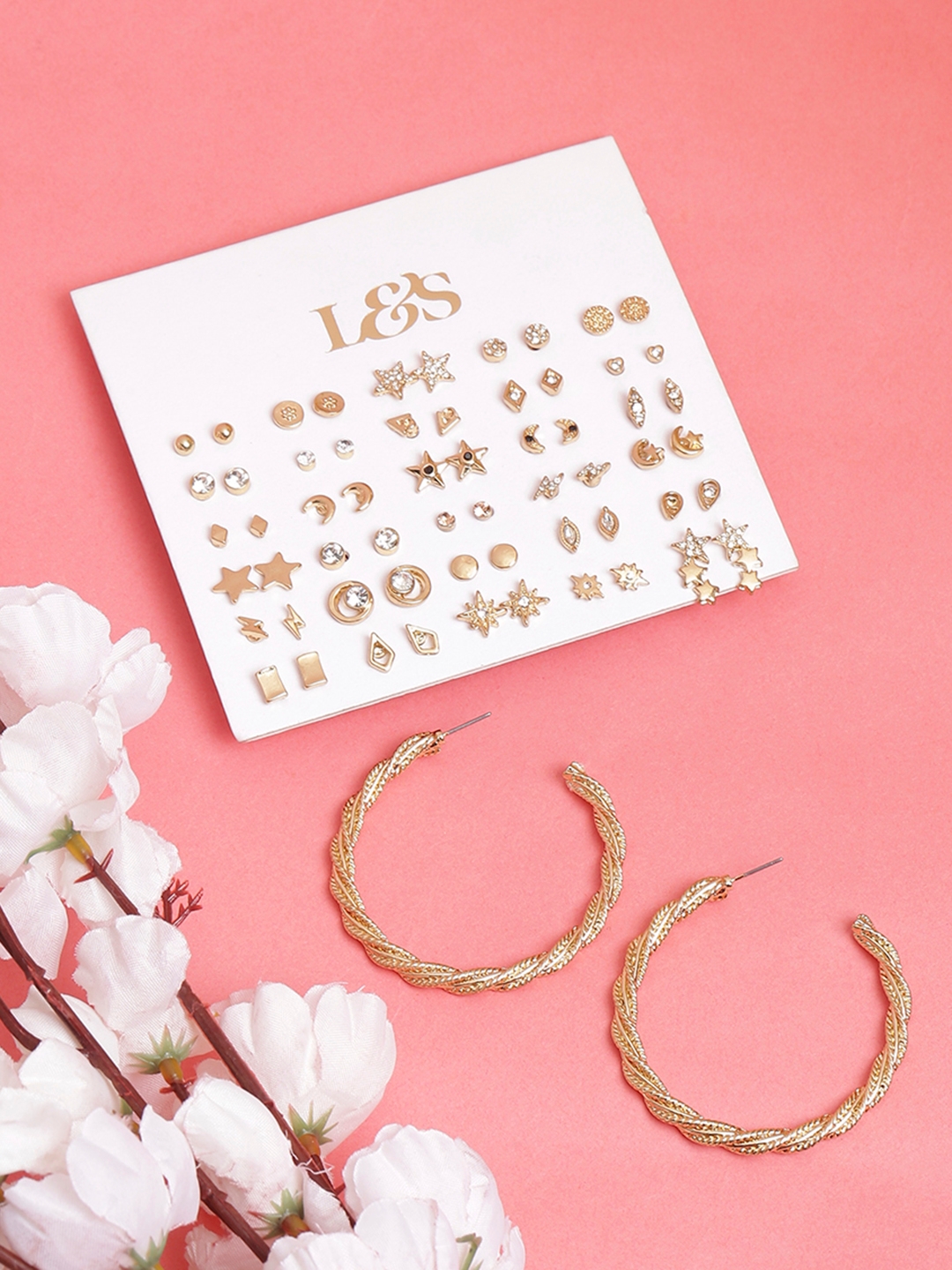 Lilly & sparkle | Lilly & Sparkle Combo Pack Of Set Of 30 Stud Star And Moon Theme Pack And  Twisted Hoop Earings