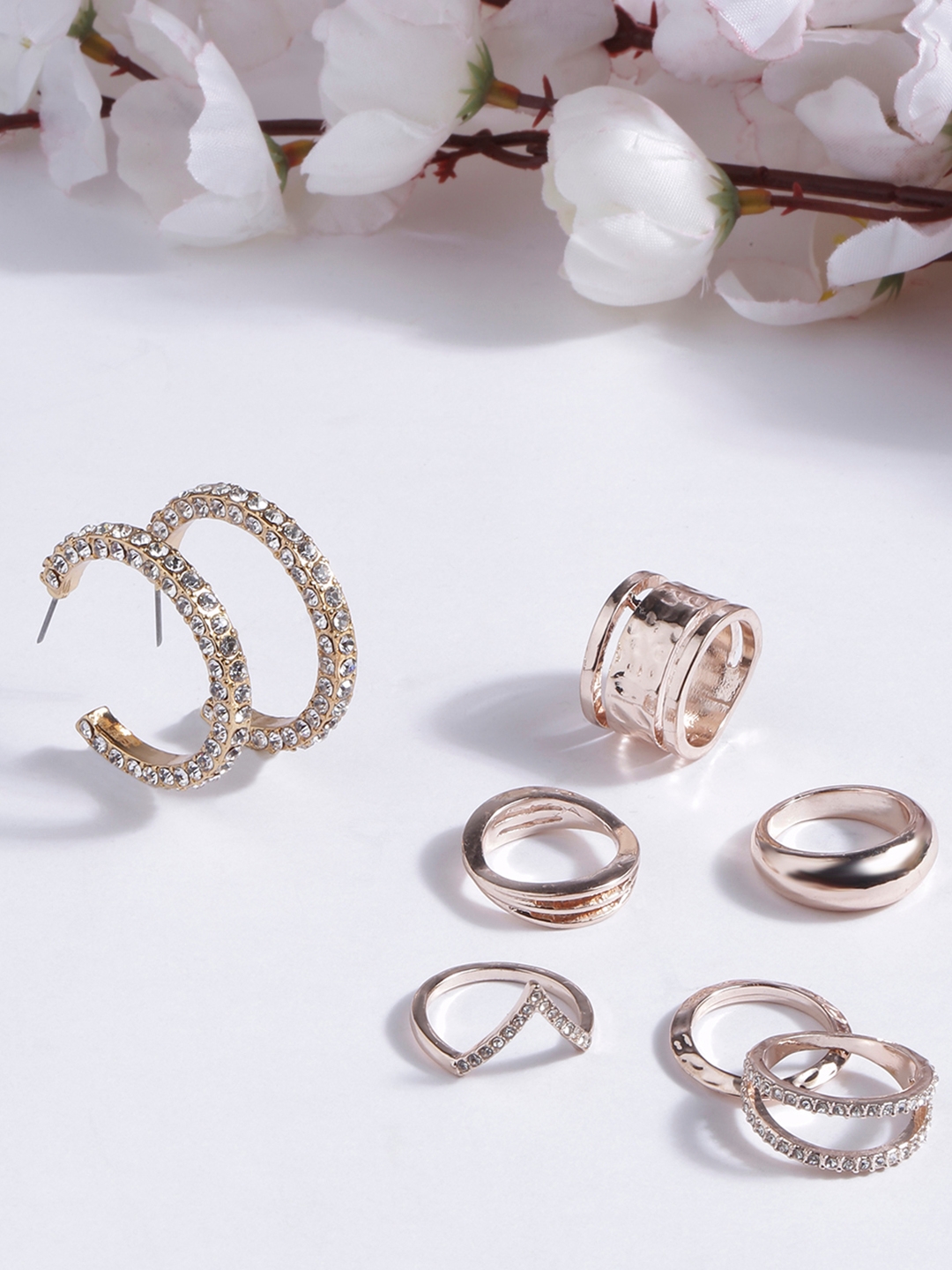 Lilly & sparkle | Lilly & Sparkle Combo Pack Of Set Of 6 Rose Gold Rings And Gold Toned Crystal Studded Hoop Earrings