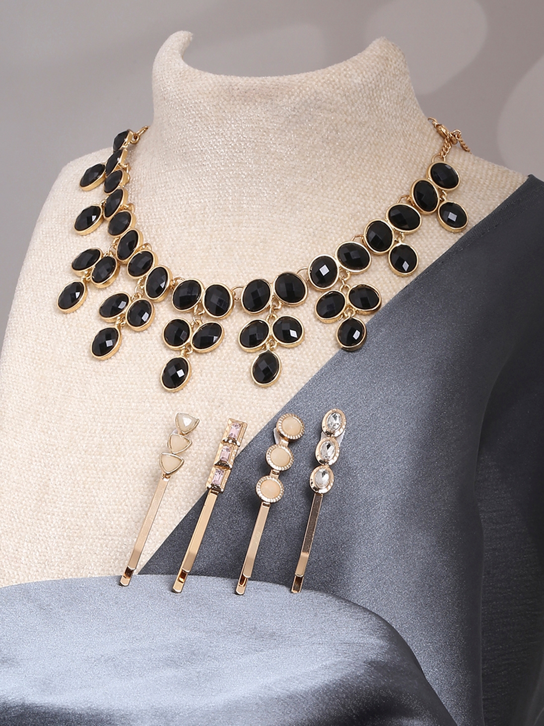 Lilly & sparkle | Lilly & Sparkle Combo Pack Of Gold Toned Black Stone Studded Necklace& 4 Stone Studded Bobby Pins
