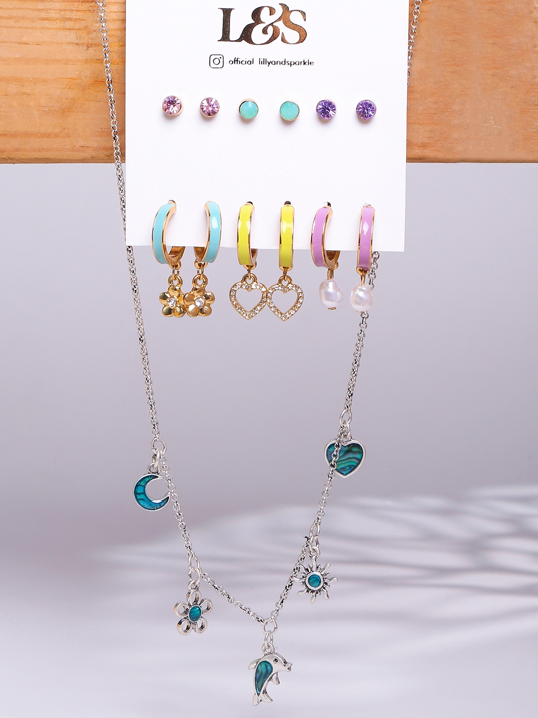 Lilly & sparkle | Lilly & Sparkle Combo Pack 3 Hoops&Stud Earring With Flower Pearl, Heart Charm&Blue Pendant Necklace
