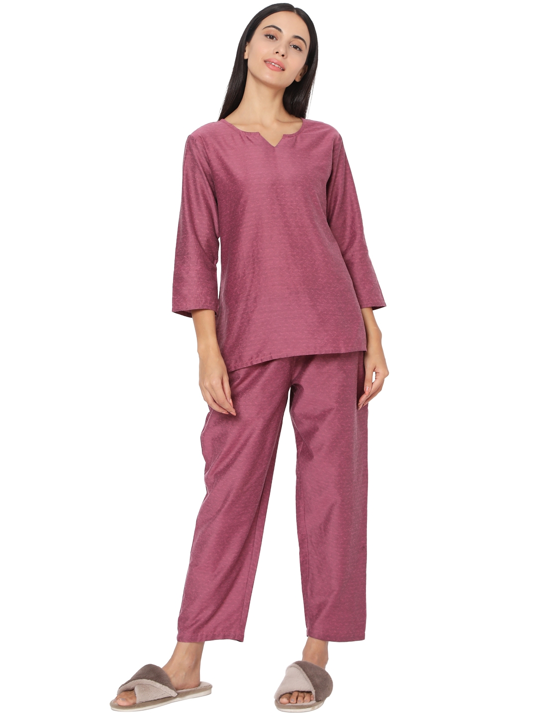 Smarty Pants | Smarty Pants Women's Cotton Ruby Pink Color Self Textured Night Suit