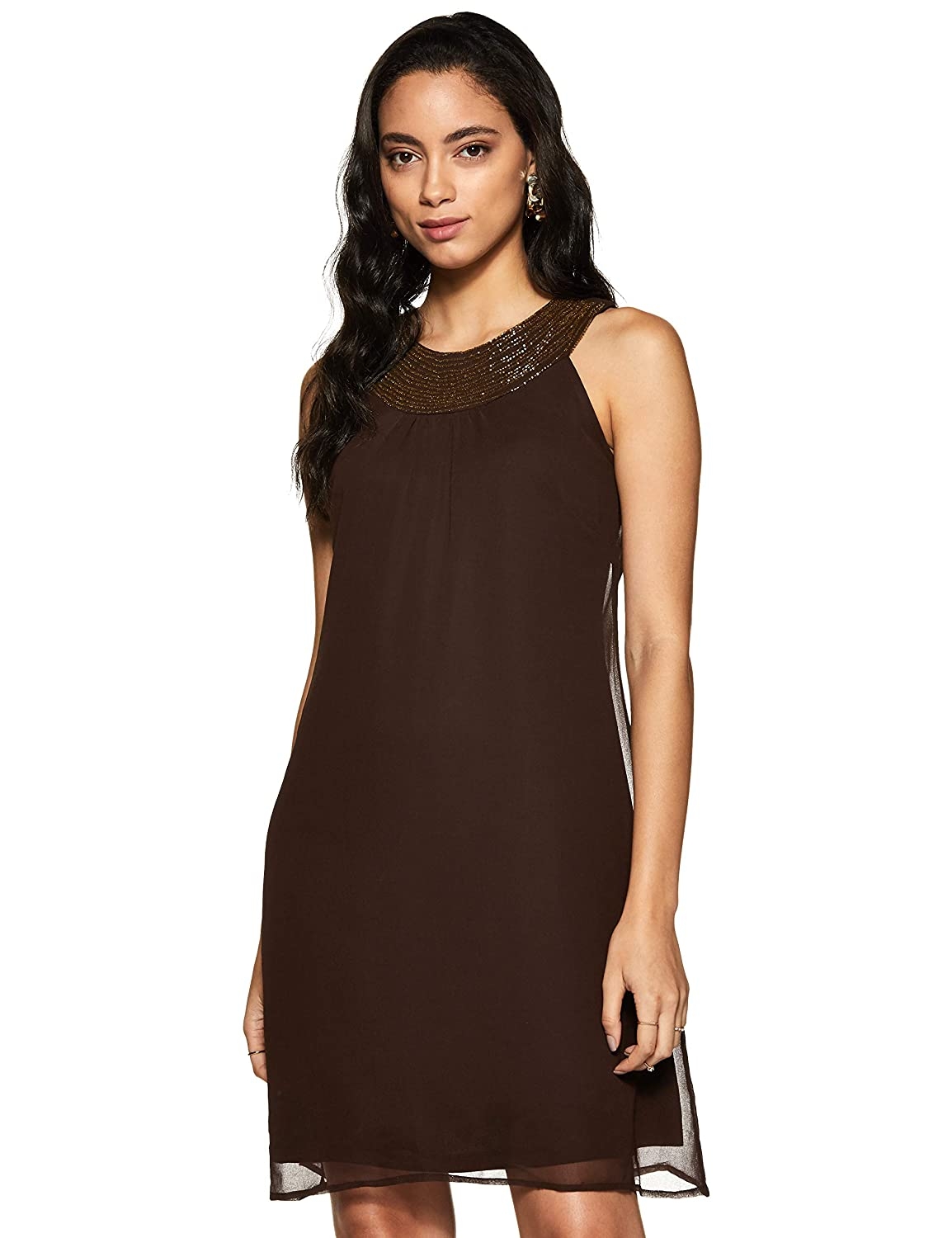 LY2 Brown Polyester Embellished Mini Dress 