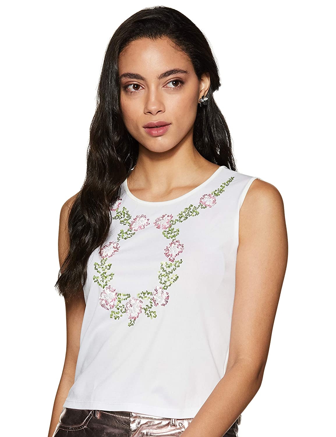 LY2 Elegant flower design , hand embellished Top with comfortable cotton fabric. (White_M)